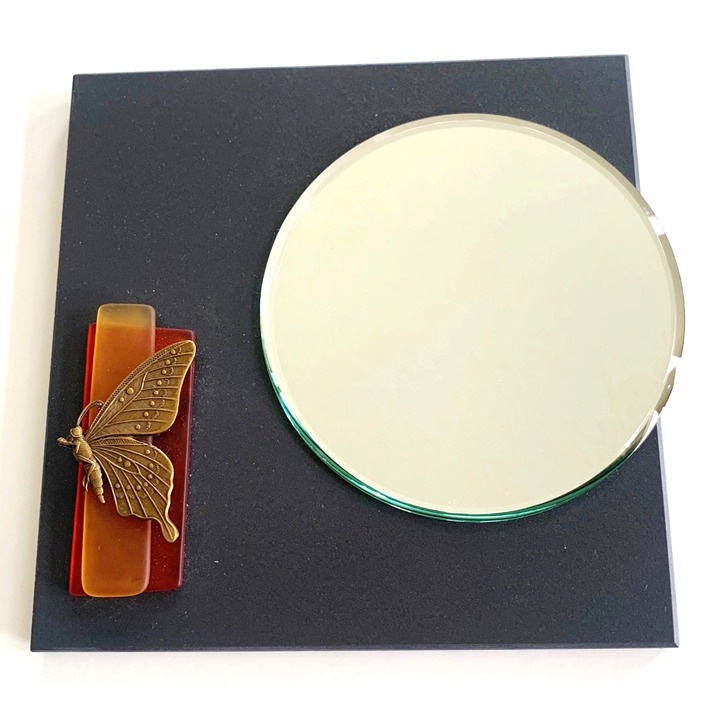 Homemade Square 6in Tile Wall Art Attached Small Round Mirror and Butterfly