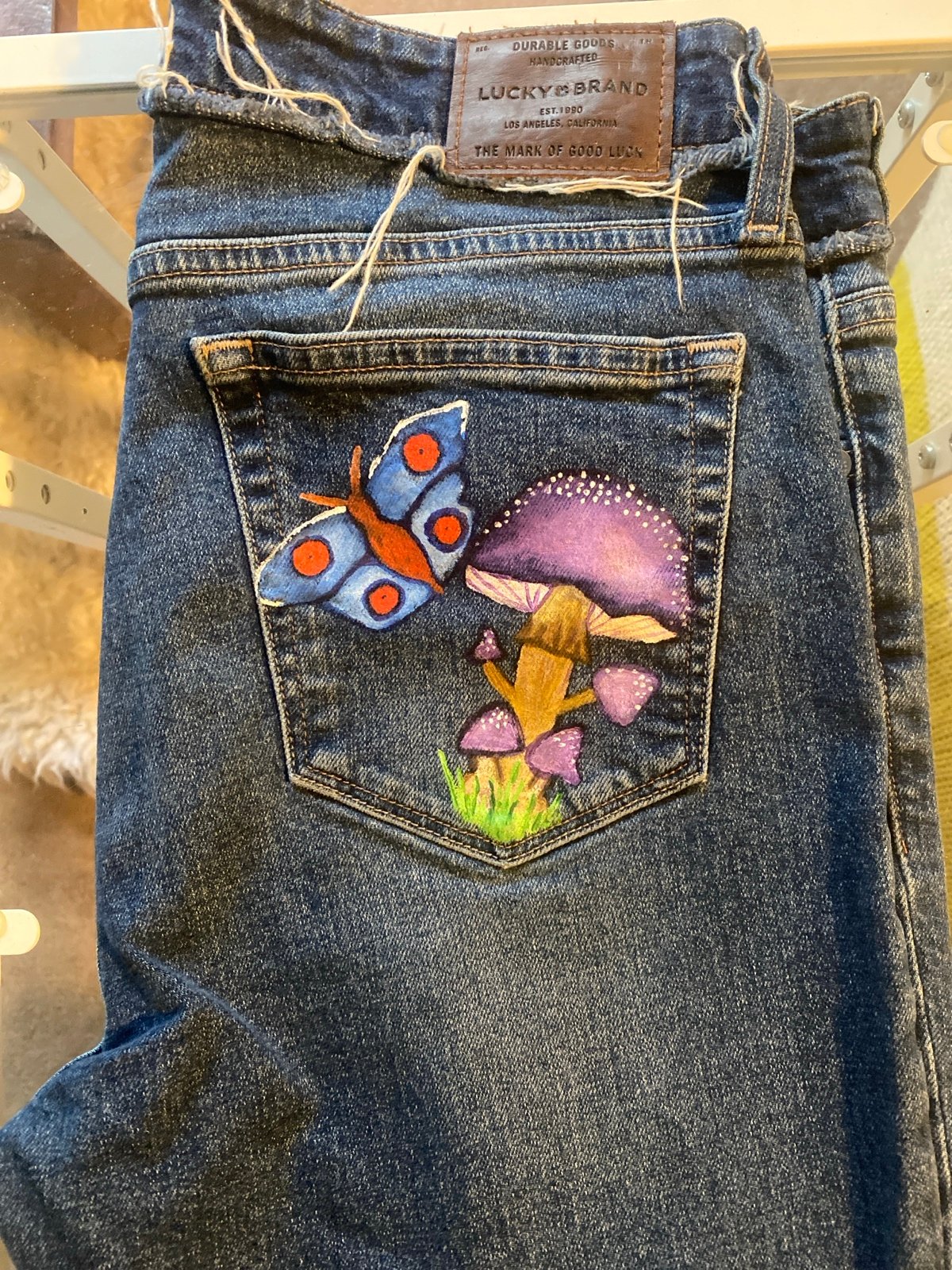 Hand painted upcycled lucky jeans, 70s/90s themed psychedelic mushrooms