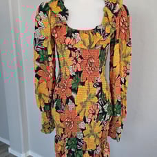 Farm Rio Garden Flower Exclusive Smocked Long Sleeve Mini Dress Ruffled Sz S