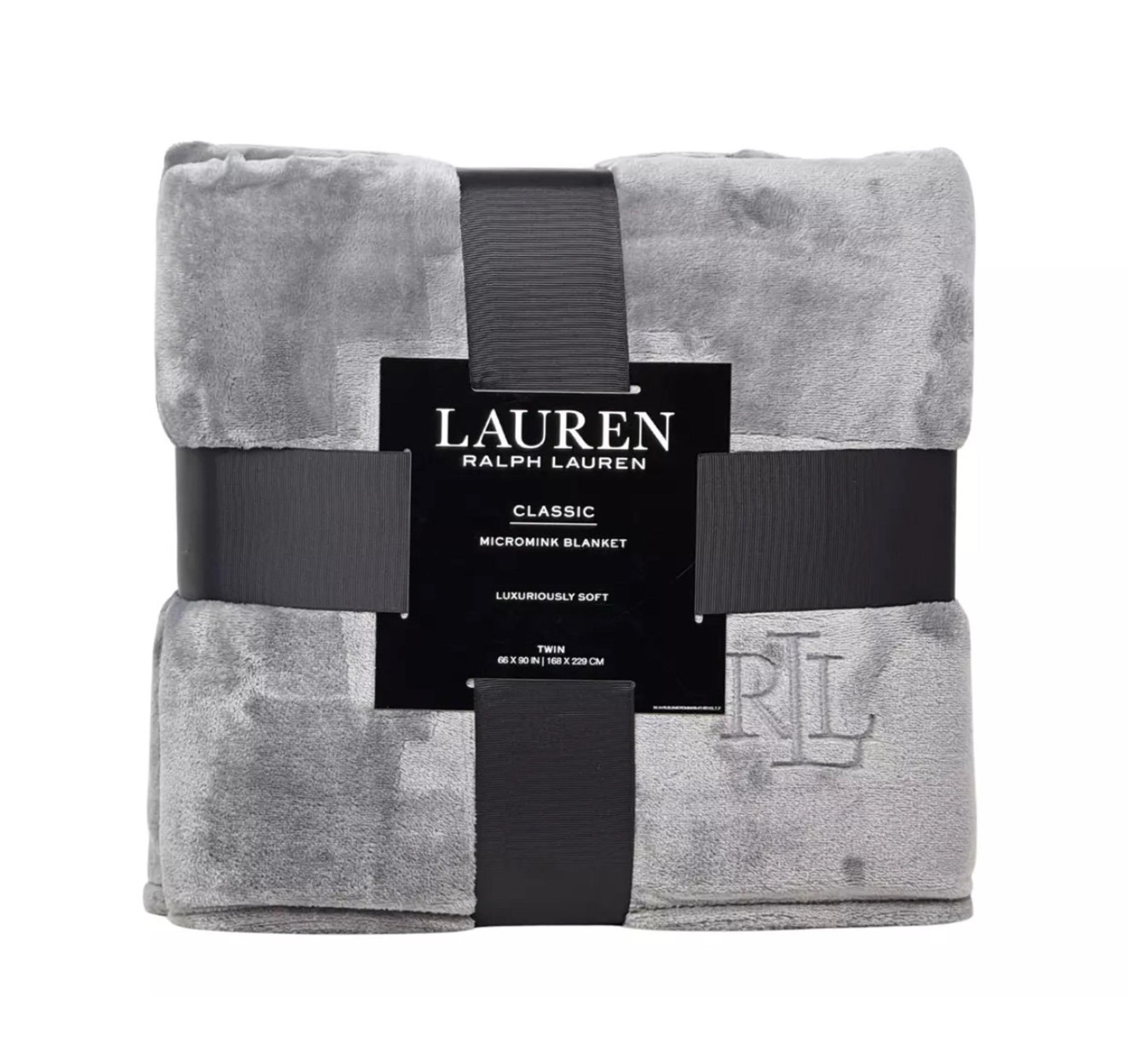 RALPH LAUREN TWIN 66" x 90" Gray Classic Micromink Plush Designer Throw Blanket