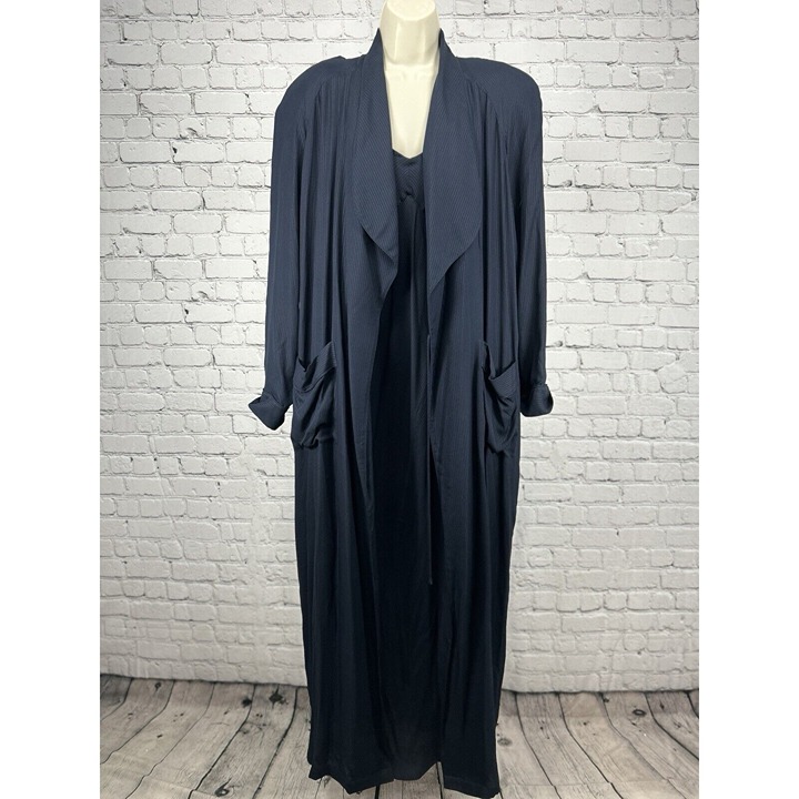 Neiman Marcus Dark Blue Silk Sleeveless Maxi Nightgown With Robe Size Medium M