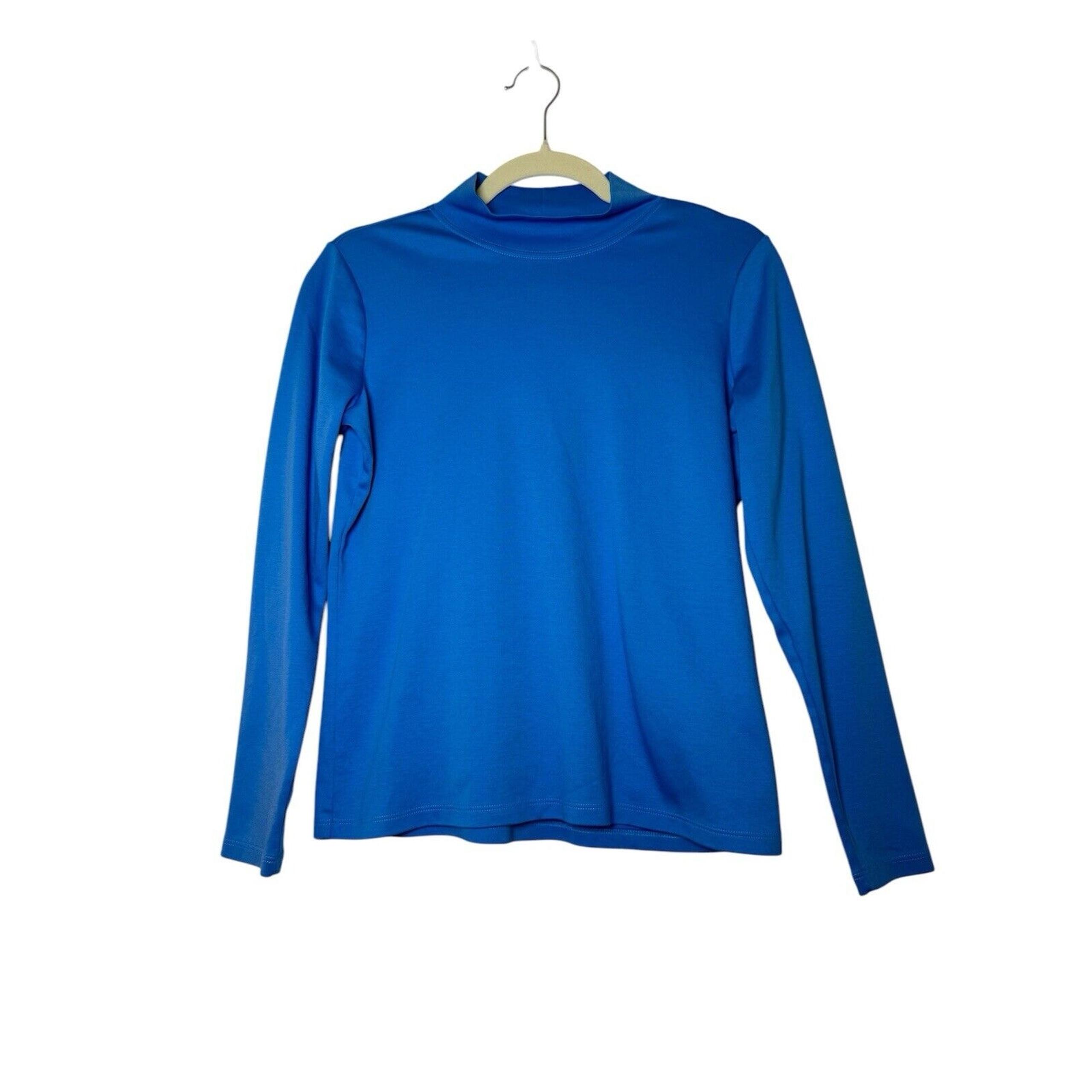 LL Bean Womens Small Blue Mock Neck T-Shirt Pima Cotton Long Sleeve Solid Knit