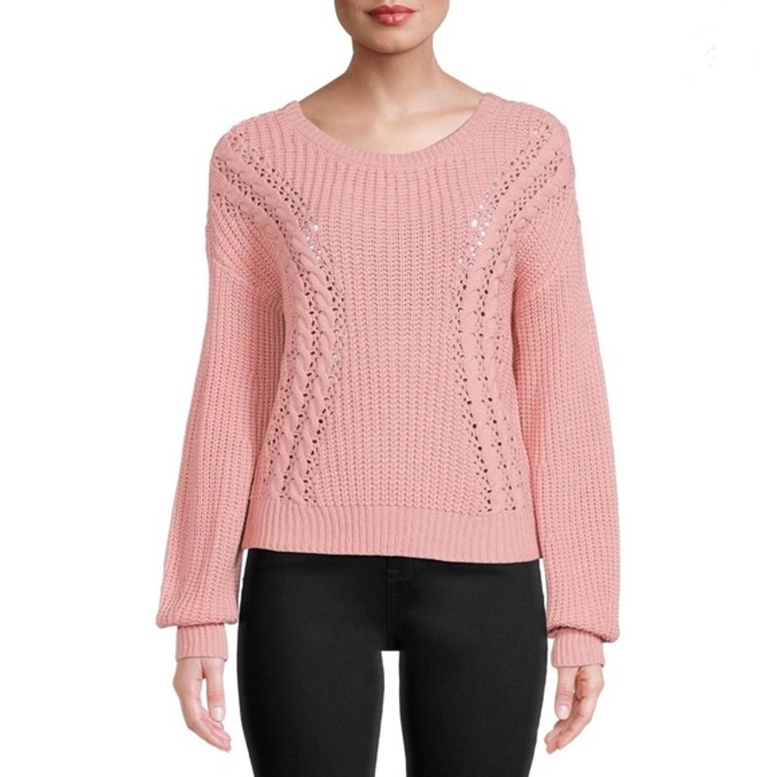 No Boundaries Juniors Caged Back Open Knit Sweater in Dusty Rose Pink Small