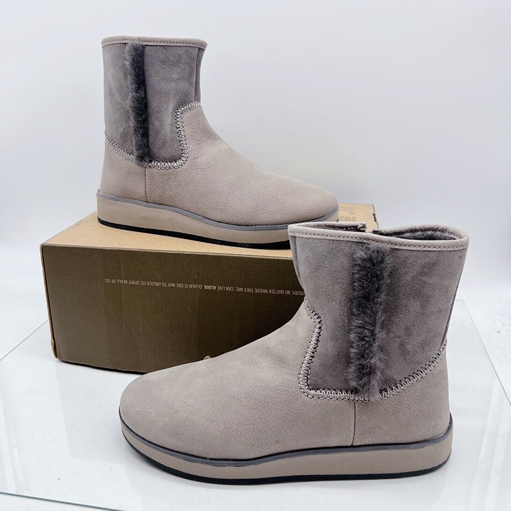 OluKai Pa'ina Waterproof Ankle Shearling Boot Flat Fog Gray Leather EU 38 US 8