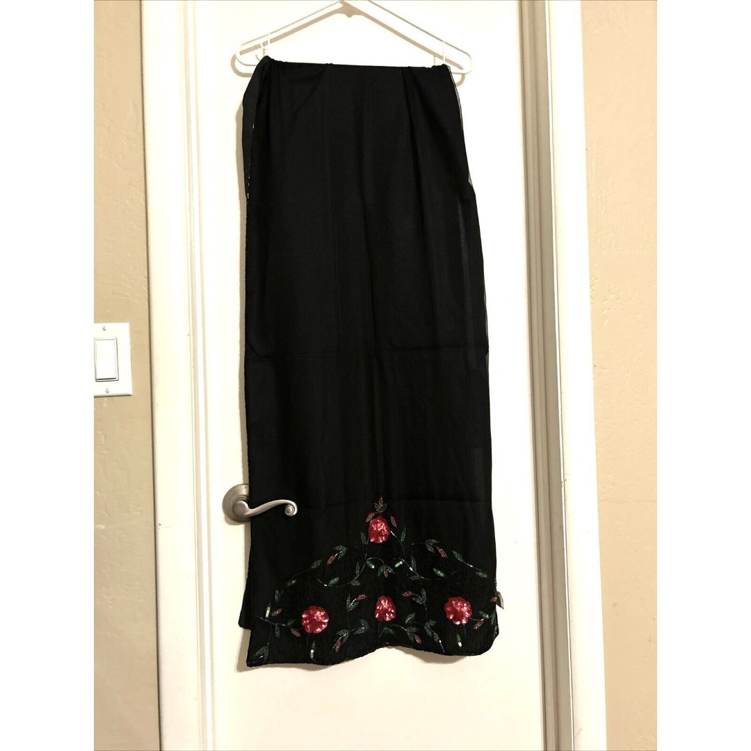 Styleworks 80” Black silk scarf/wrap floral sequence
