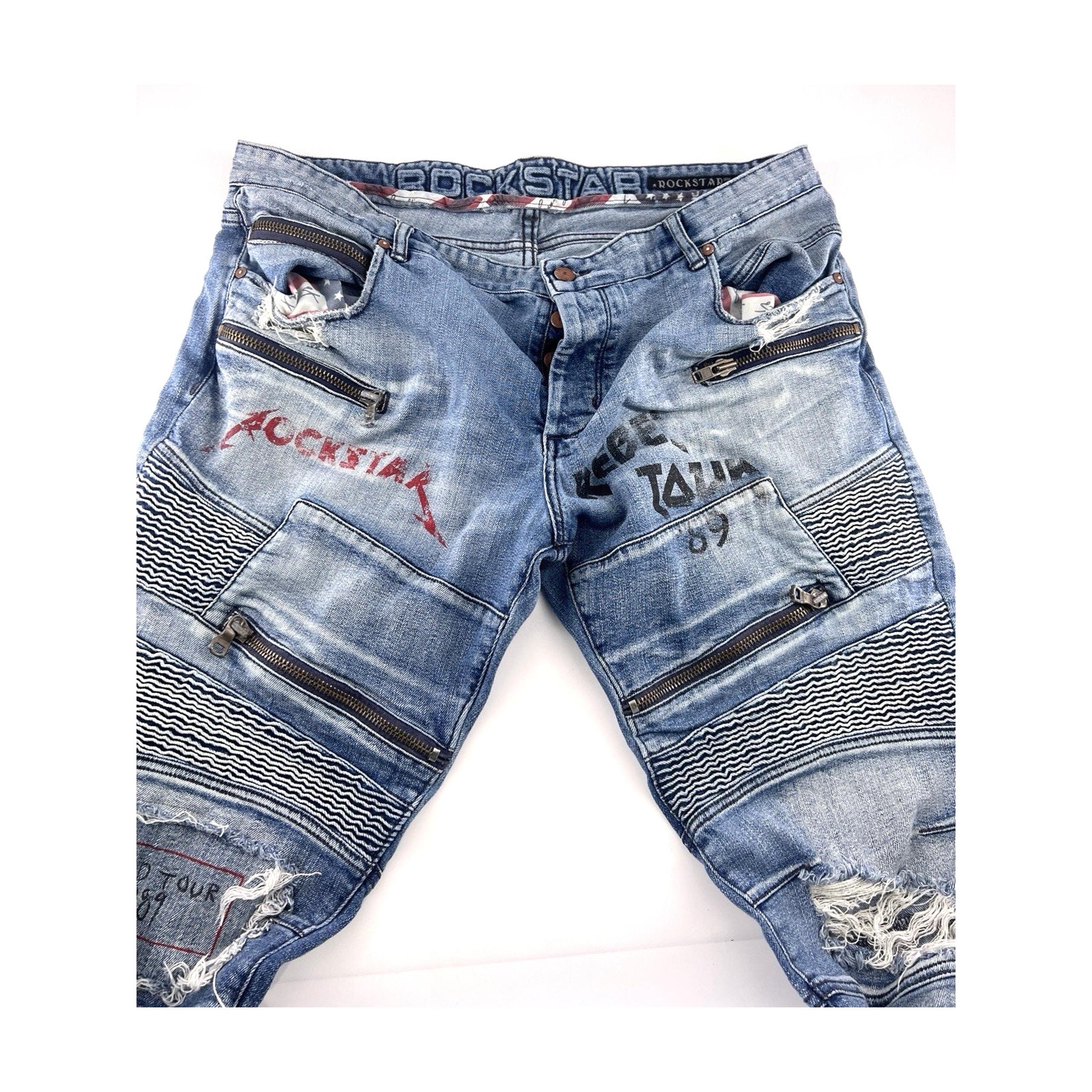 Rockstar Sushi Mens Size 38 Blue Super Stacked Flare Jeans Retro Y2K Rocker Goth