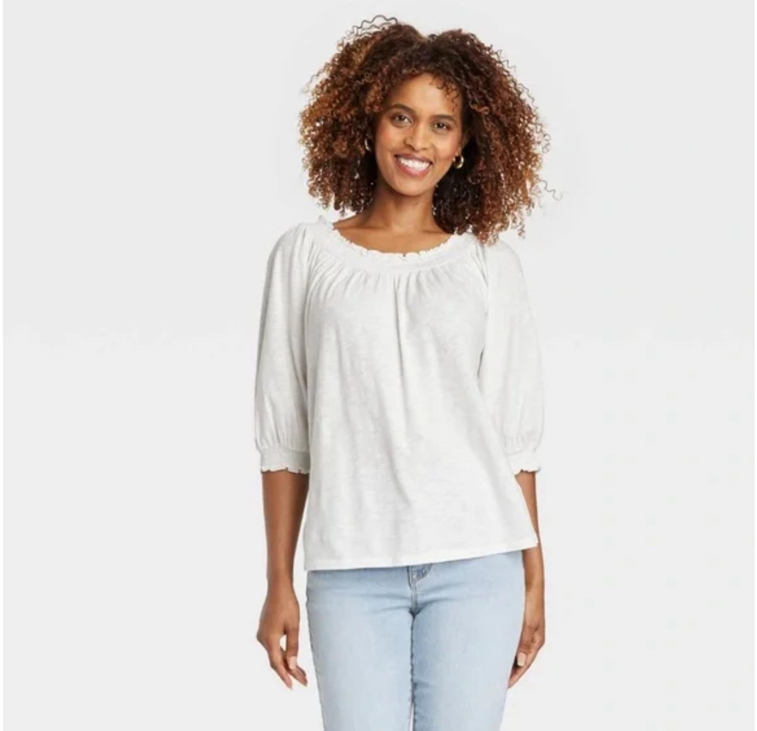Women's Bishop 3/4 Sleeve Smocked Top - Knox Rose, White Large