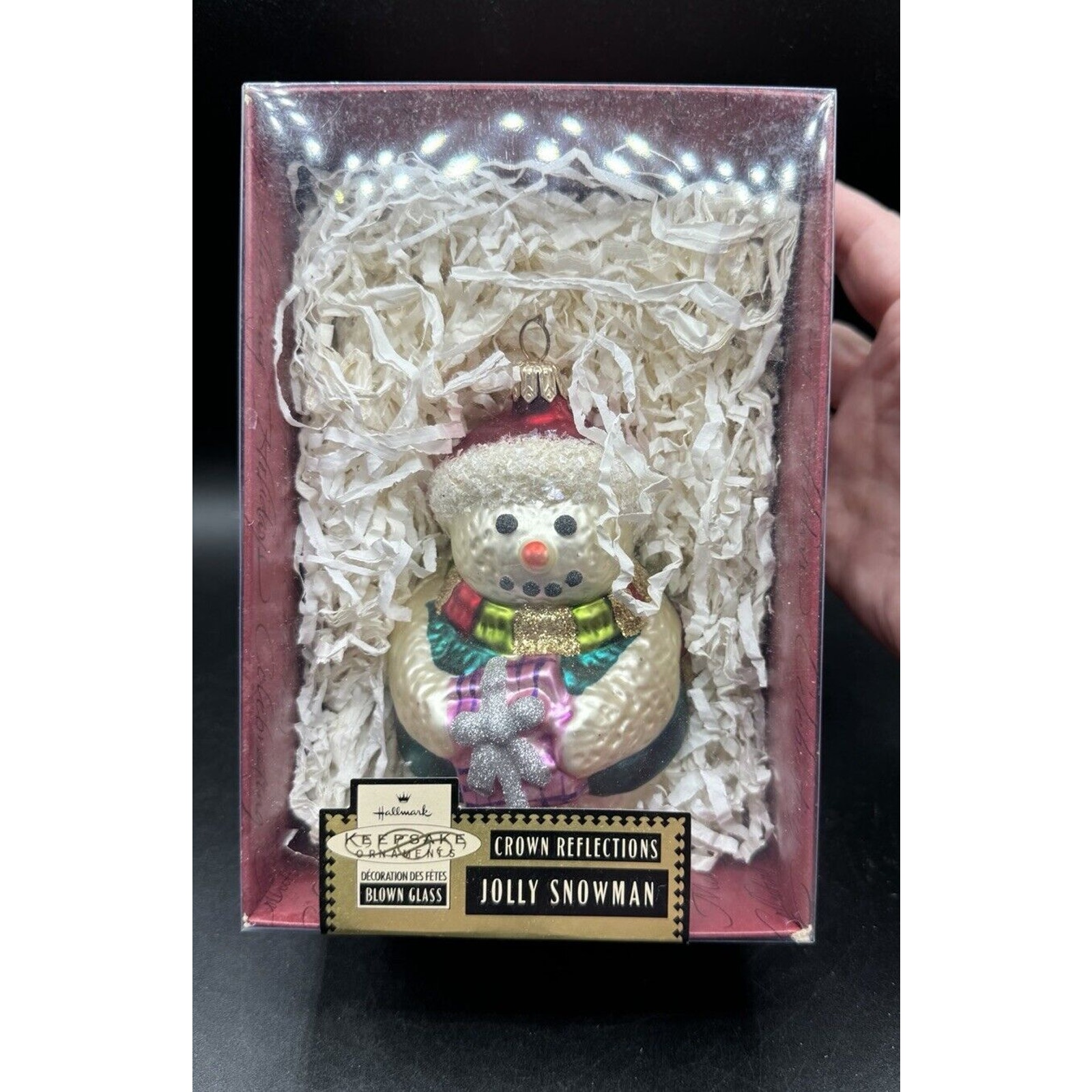 Brand New Hallmark Crown Jolly Snowman Blown Glass Christmas Ornament 1999 -24D
