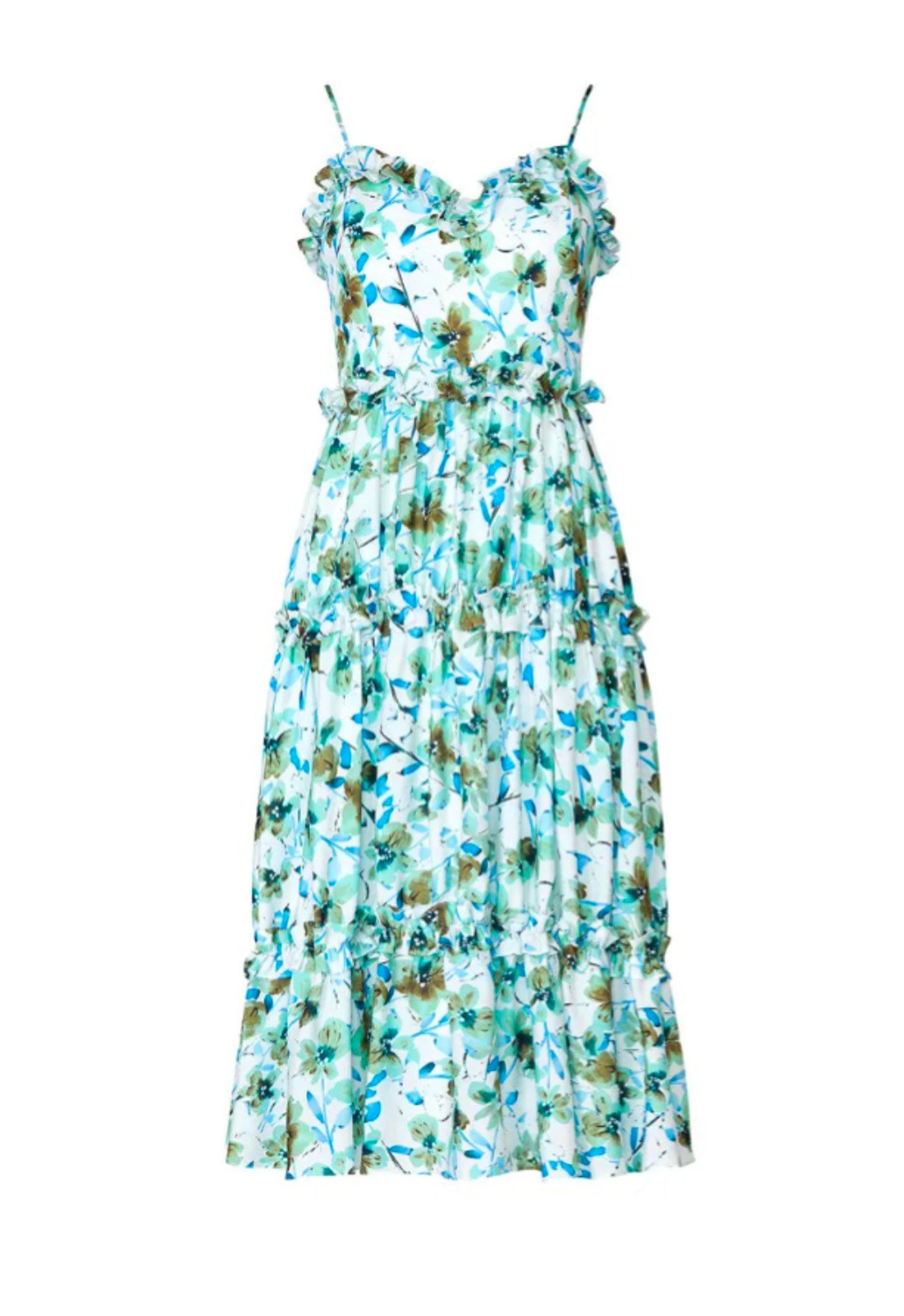$595 Badgley Mischka Blue Floral Ruffle Trim Dress Size 4 Excellent Condition