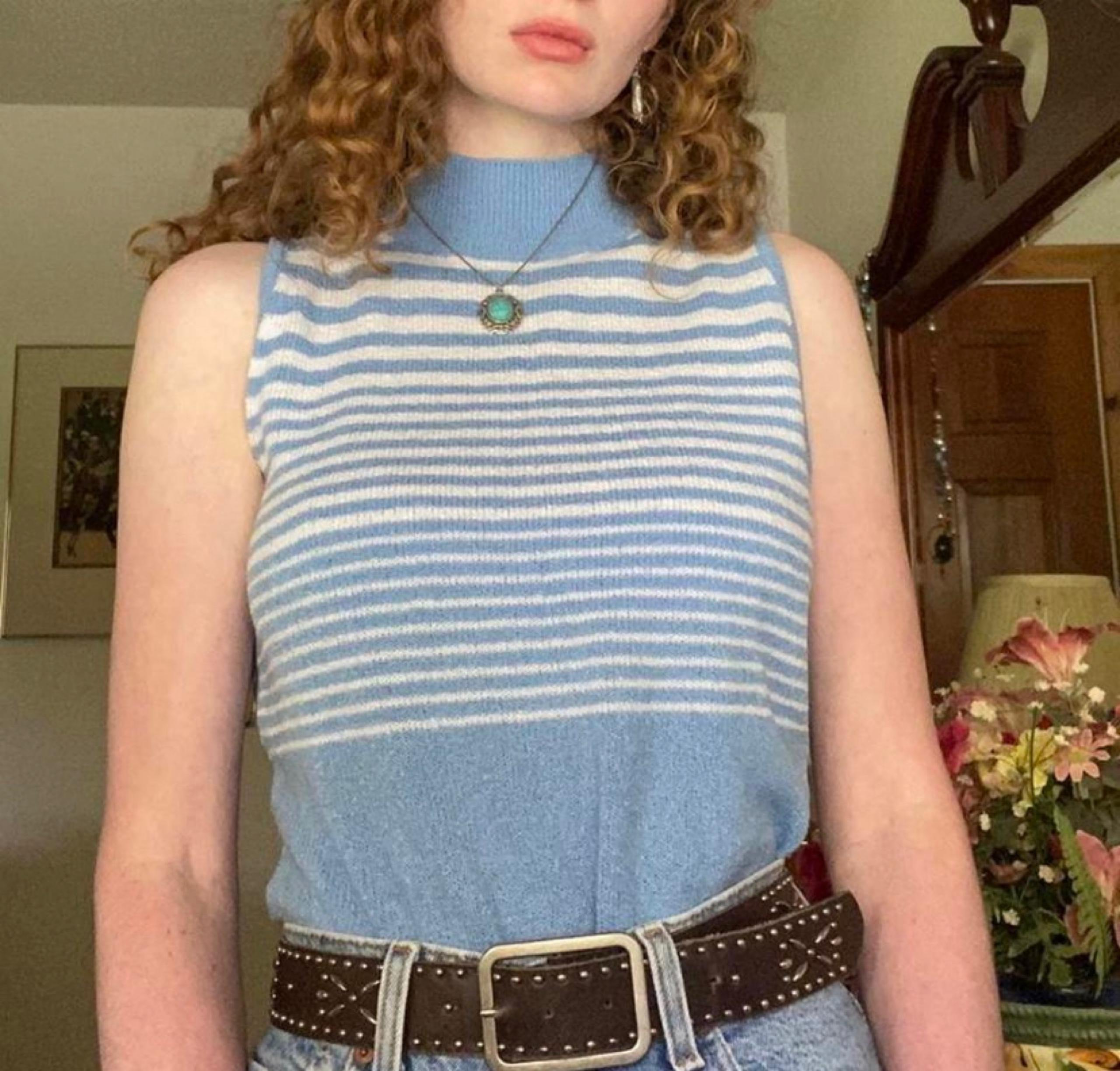 Striped knit turtleneck sleeveless top