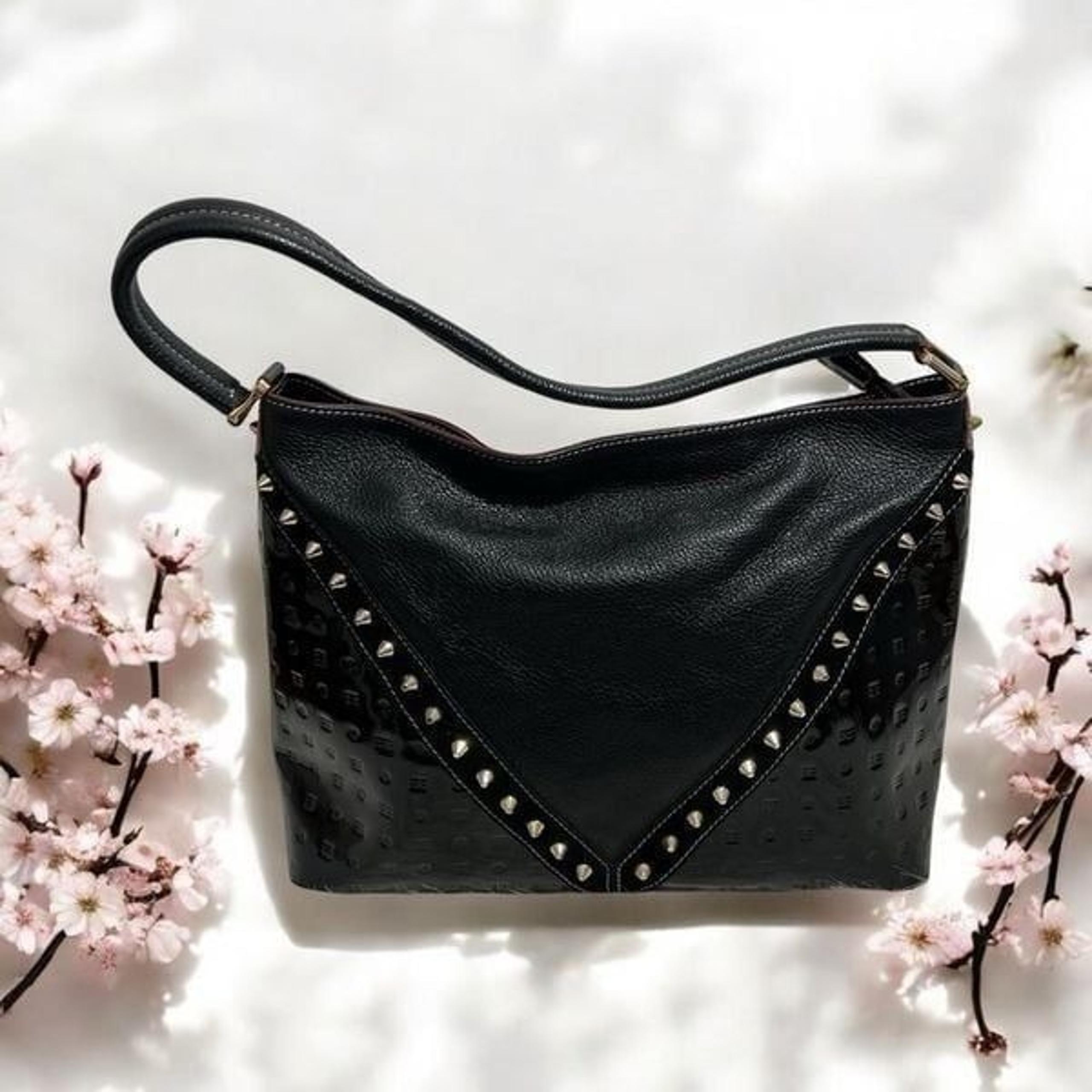 NWT Arcadia Made in Italy Black Patent Leather Gold Studded Bag