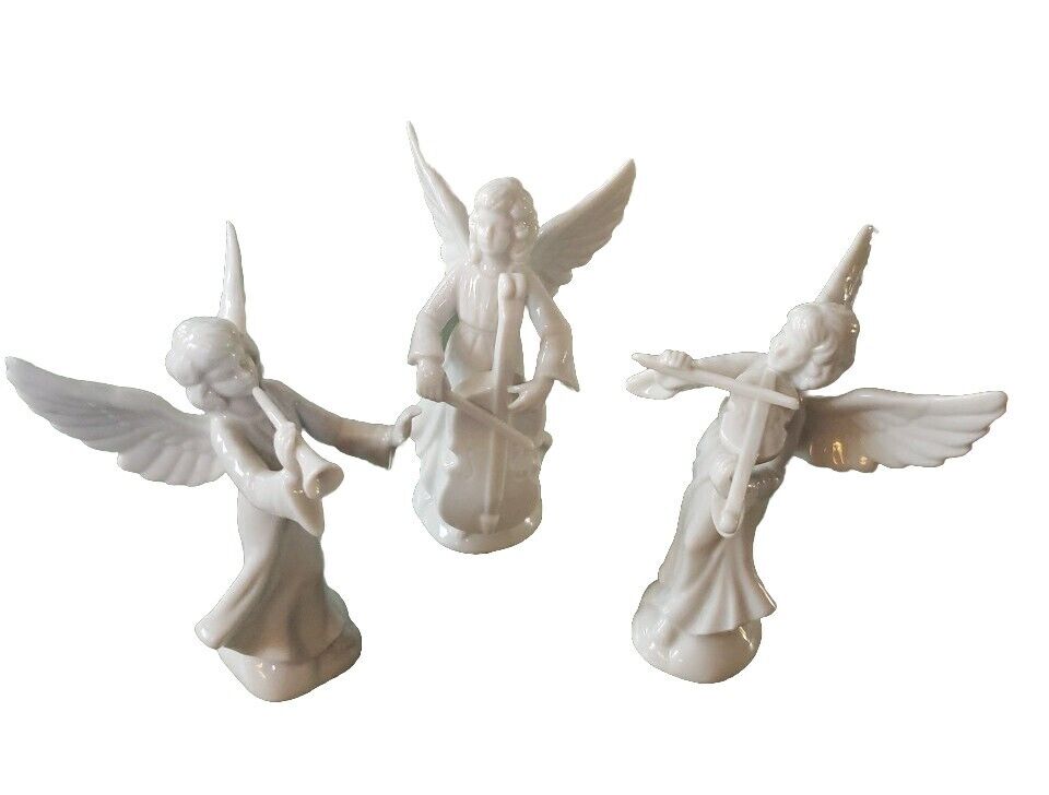 Vintage White Porcelain Angel Set 3 1960s Dresden Germany Playing Instruments