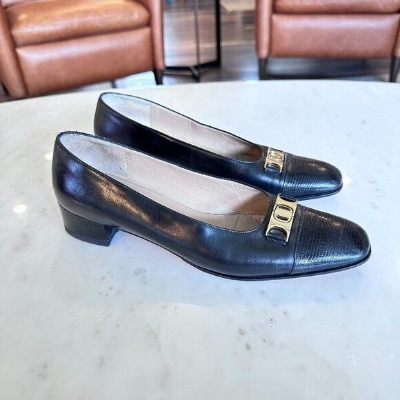 Salvatore Ferragamo Black Leather Block Pumps Gold Buckle Almond Toe Size 8.5 AA