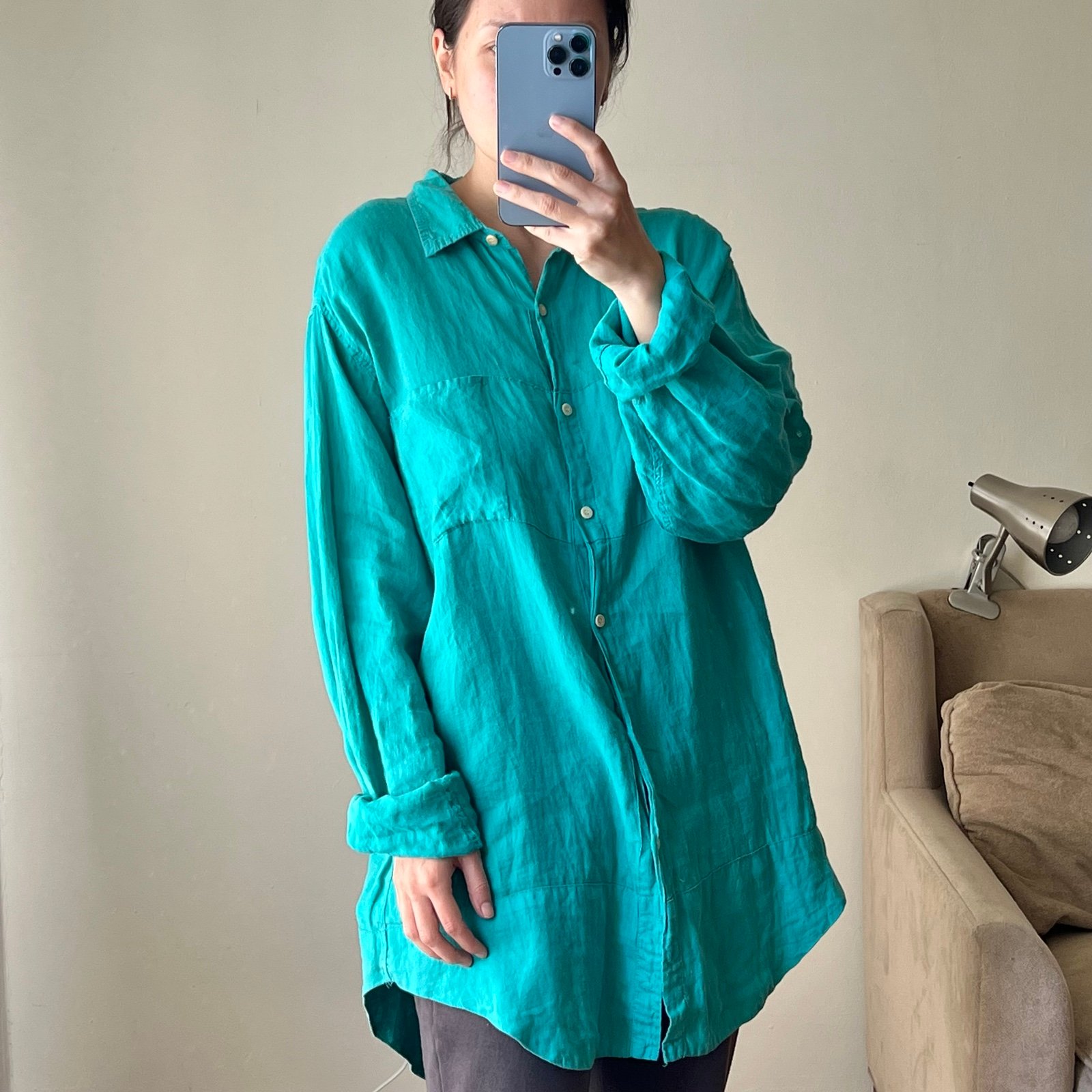 judi rosen green shirt long size 2 100% linen CL
