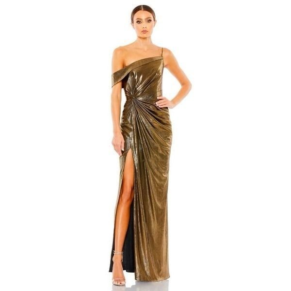 NWT leena for Mac Duggal 26728 Asymmetrical Neckline Metallic Dress Size 8