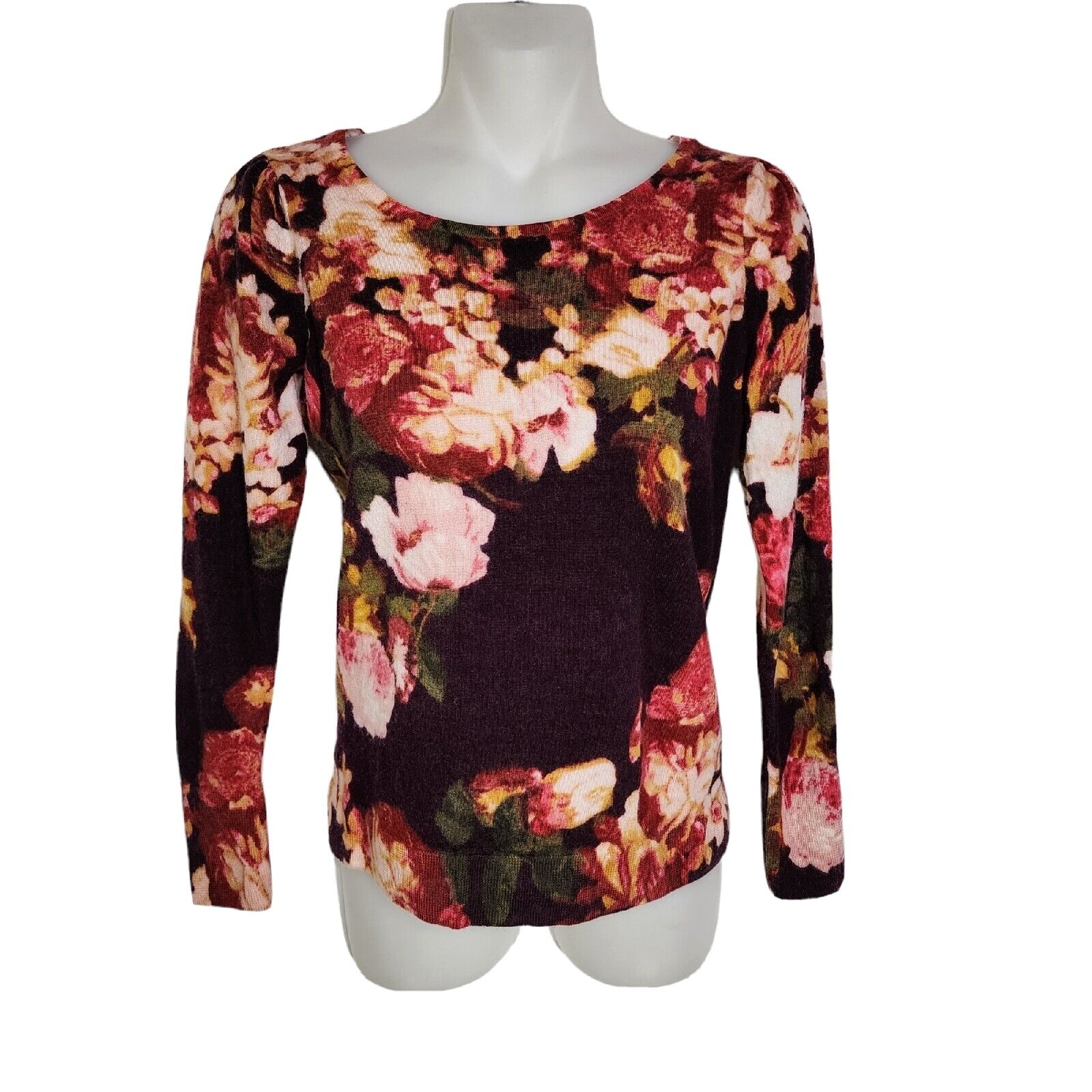 Talbots Womens Sweater Size XS Pure Merino Wool Floral Puff Sleeve Multicolor