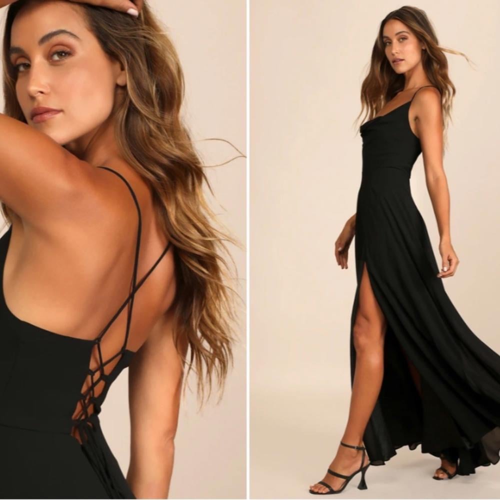 LULU's Elegant Wedding Flowy Chiffon Sexy Cowl Neck Lace Up Back Gown NWOT