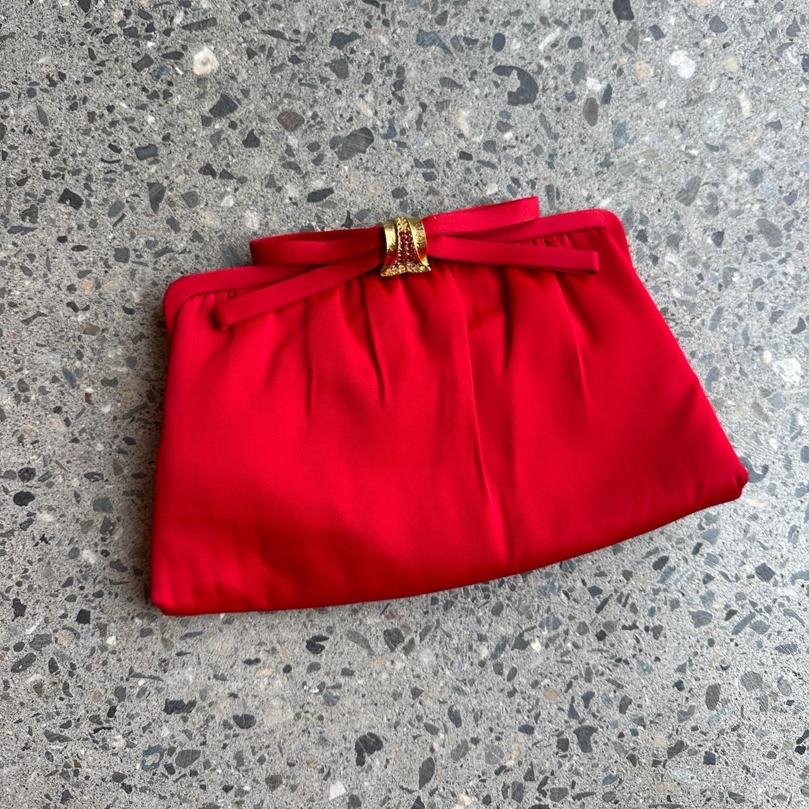 Women’s Small Clutch Bag Red Satin Silky Glam Vintage Satin Gold Clasp Bow