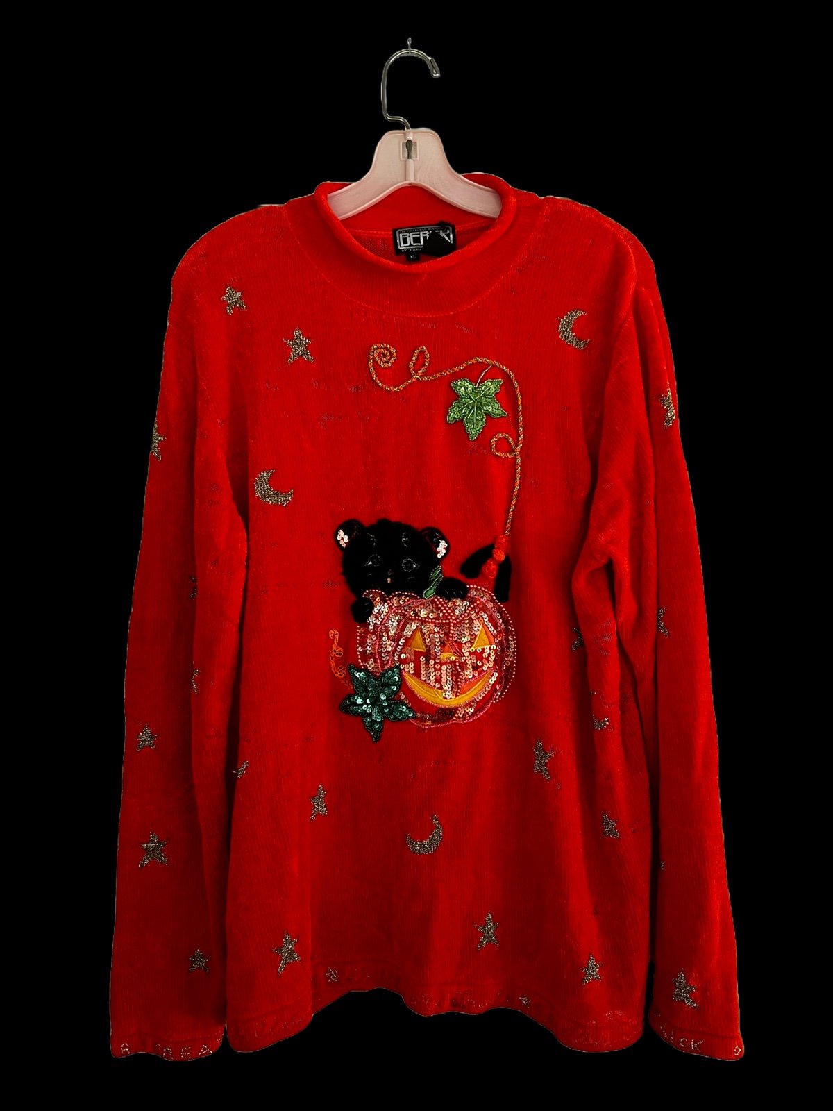 Vintage Berek Halloween Sweater Ladies XL Cat Jack O Lantern