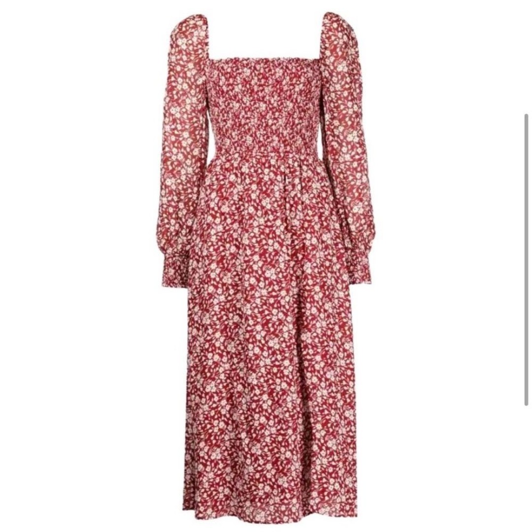 NEW Reformation Cello Dress Floral Red White Midi Long Sleeve Small Flower Girl