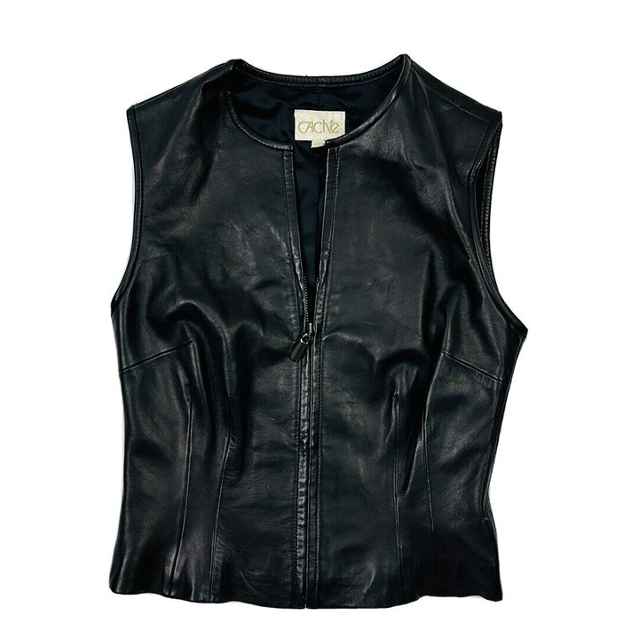 Vintage Cache Womens Small Black Leather Moto Vest Jacket Punk Goth