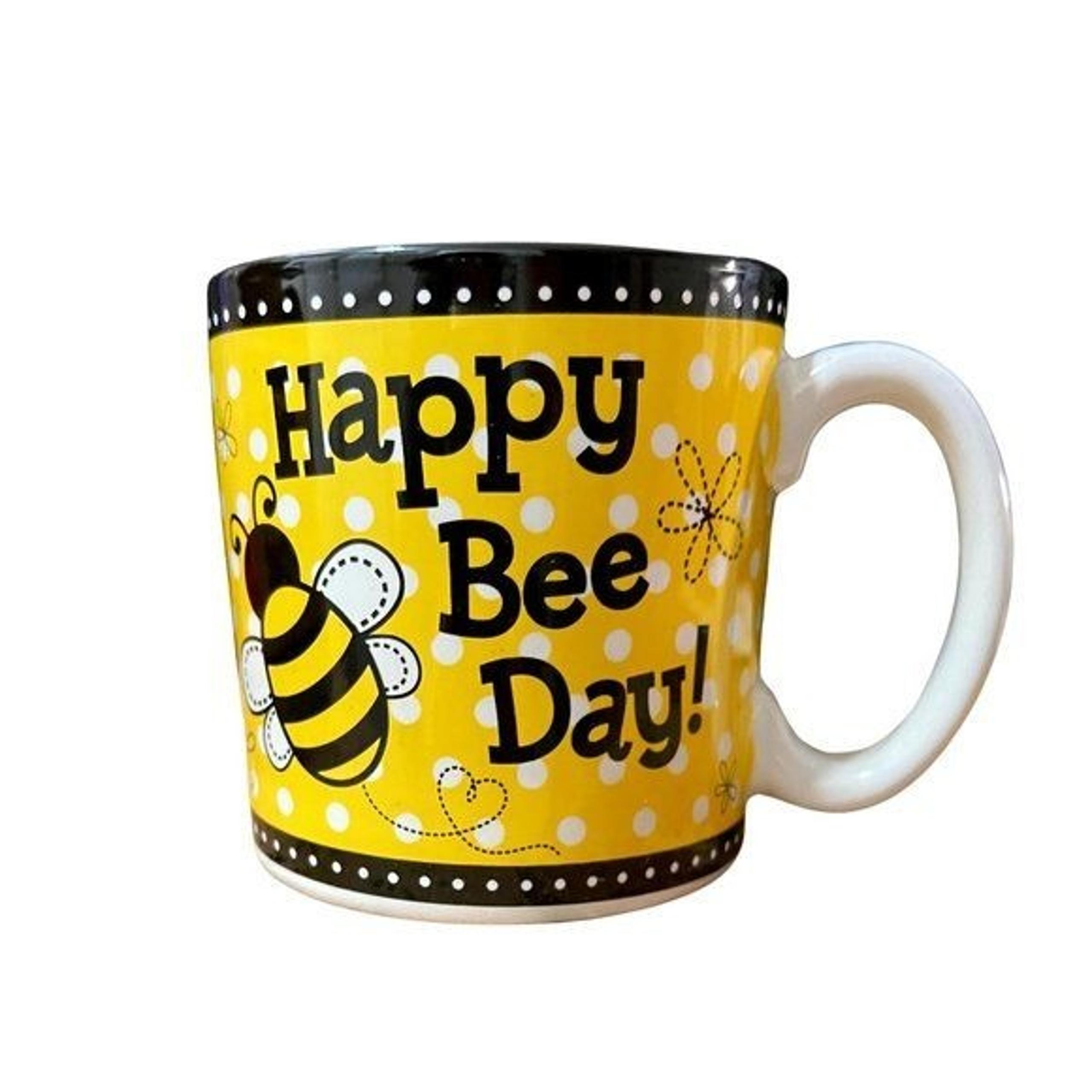Happy Bee Day Mug Ceramic Stoneware Yellow Black White Gift Box Microwave Safe