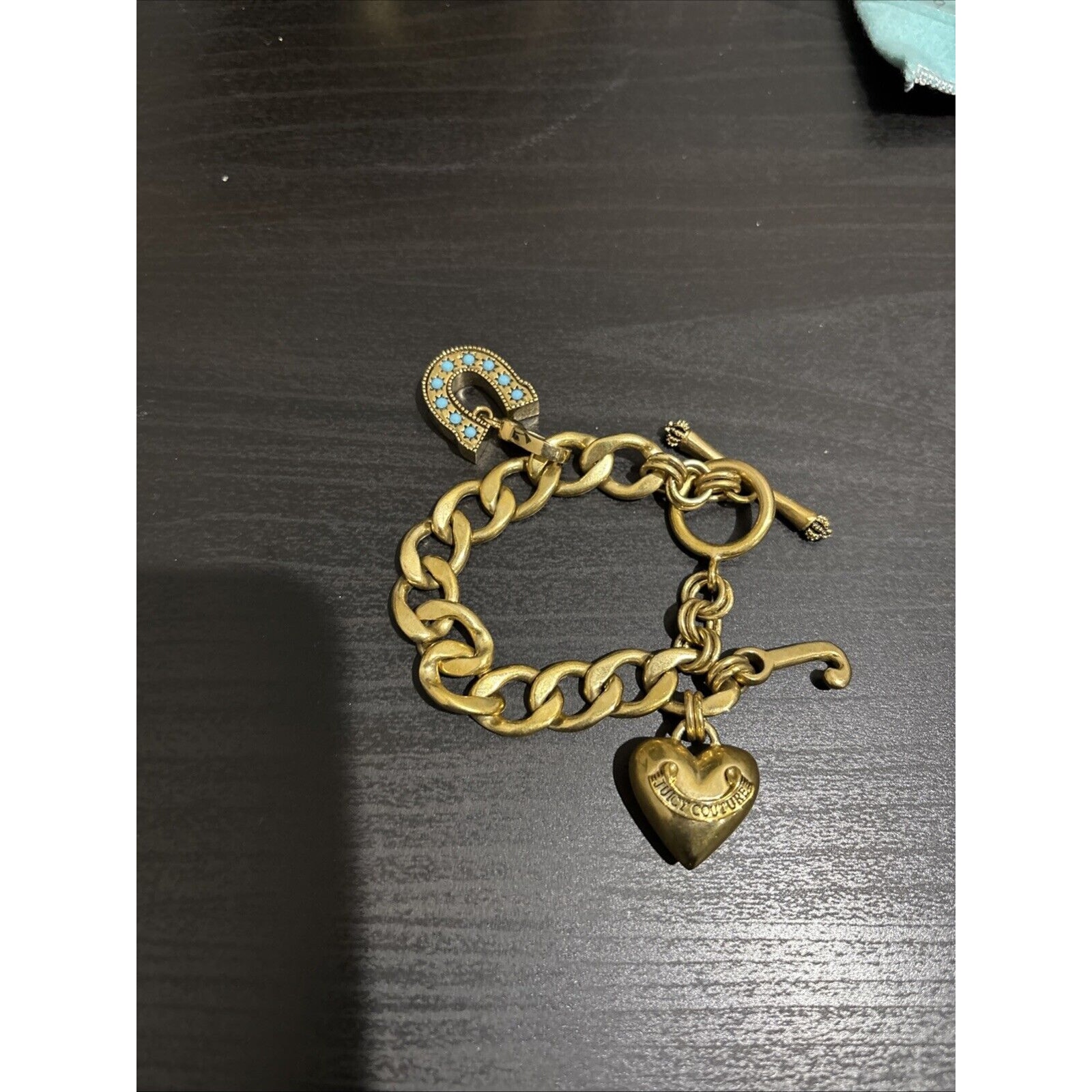 JUICY COUTURE Gold Tone Heart Logo Charm Chain CHUNKY BRACELET W/Horseshoe Charm
