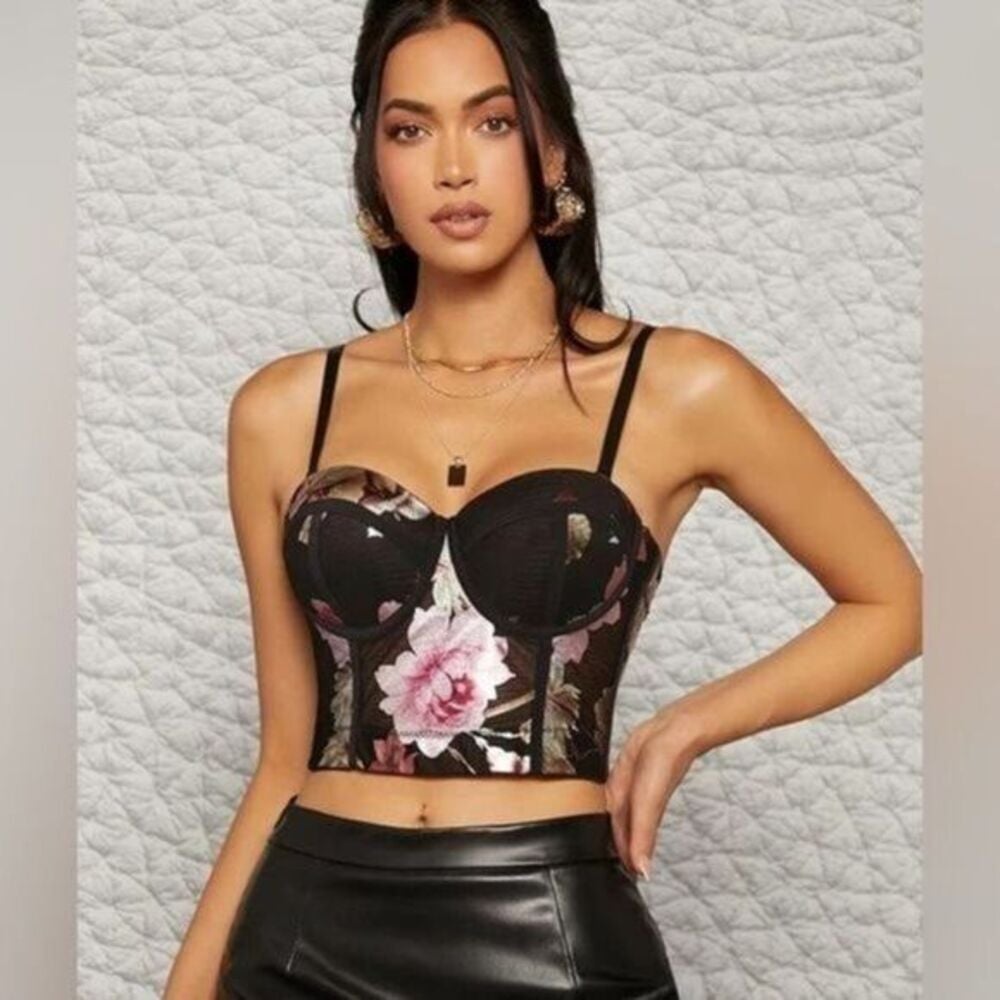 MICAS Black Floral Print Bustier Cami Corset Top Size Large