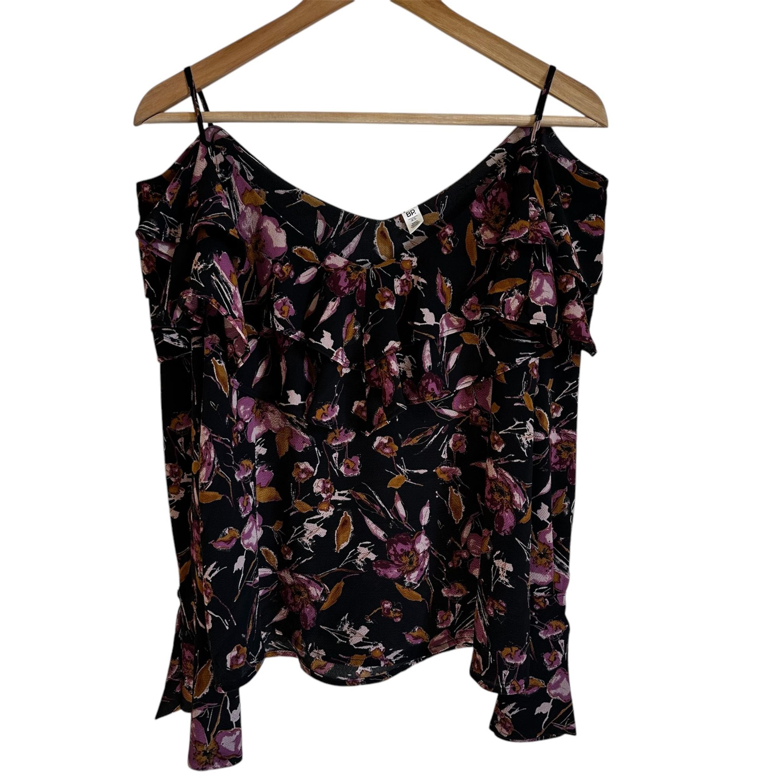 BP Floral Print Cold Shoulder Cami Top Ruffle Black Purple XS