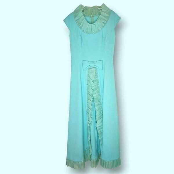 Claralura CA Maxi Sz 8 Vtg Aqua 60s Dress Sleeveless Handmade Organza Ruff Prom