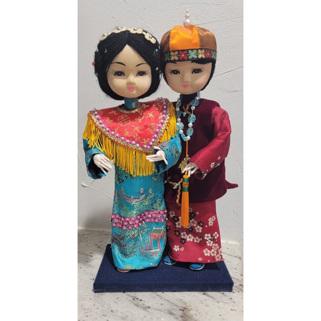 Vintage Asian/ Chinese Folk Dolls, hand made, traditional fancy dress, mounted