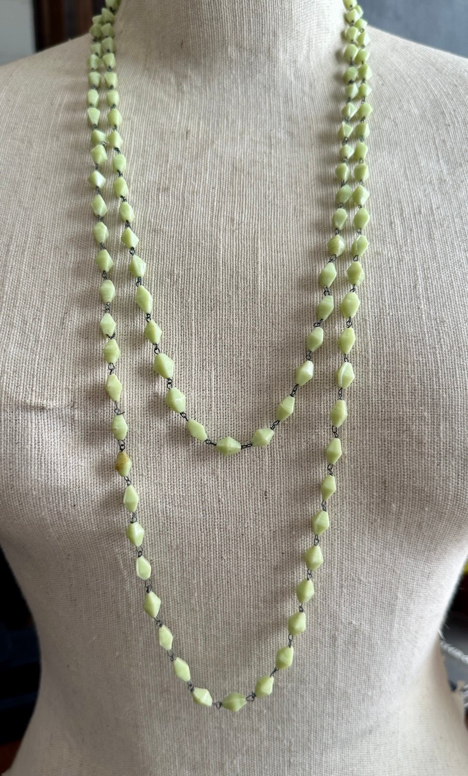 Vintage Antique Green Glass Opera Length Chain Necklace
