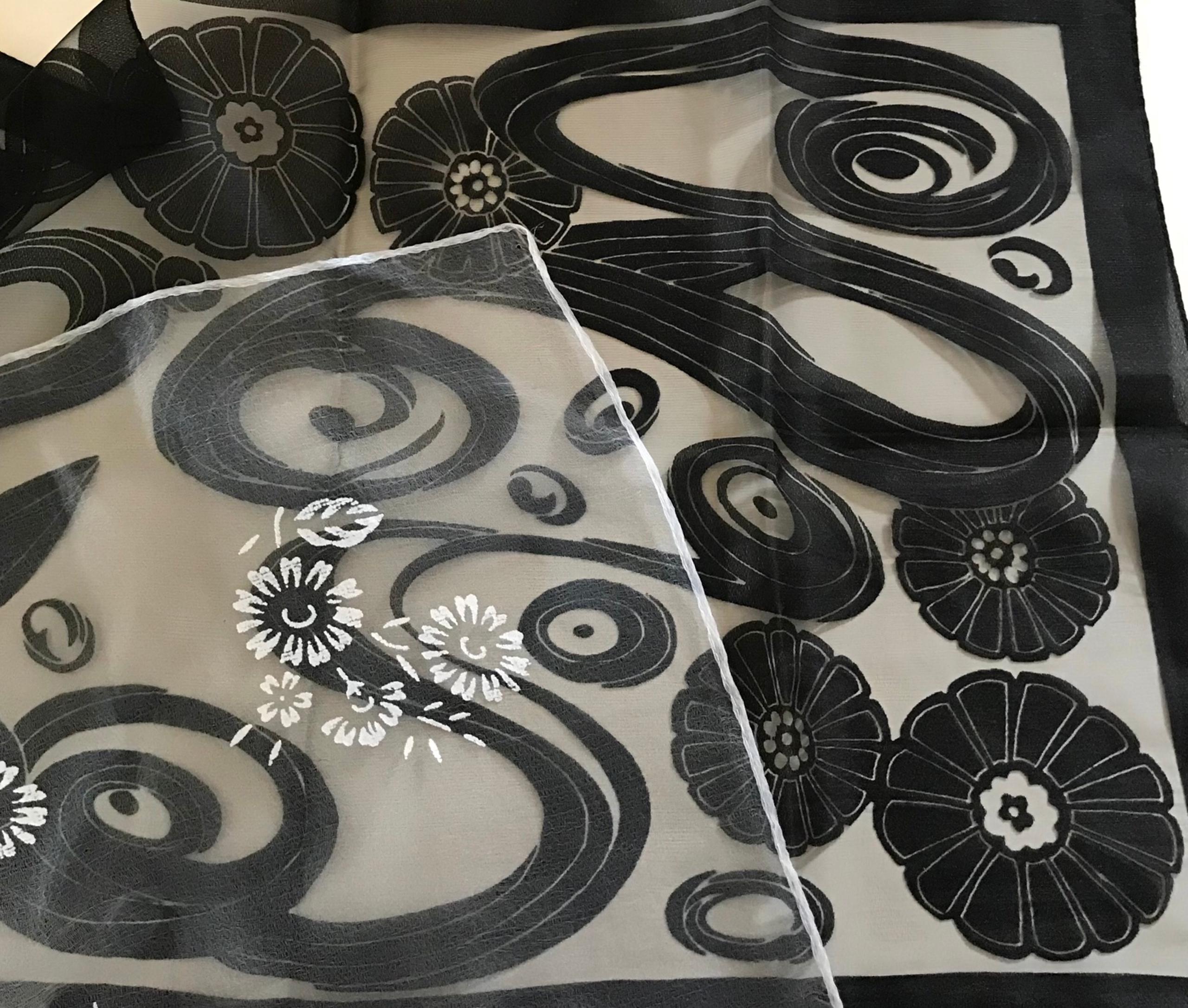 Lot of 2 Vintage Chiffon Nylon Sheer Scarves, Floral Patterns, 1 Black, 1 White