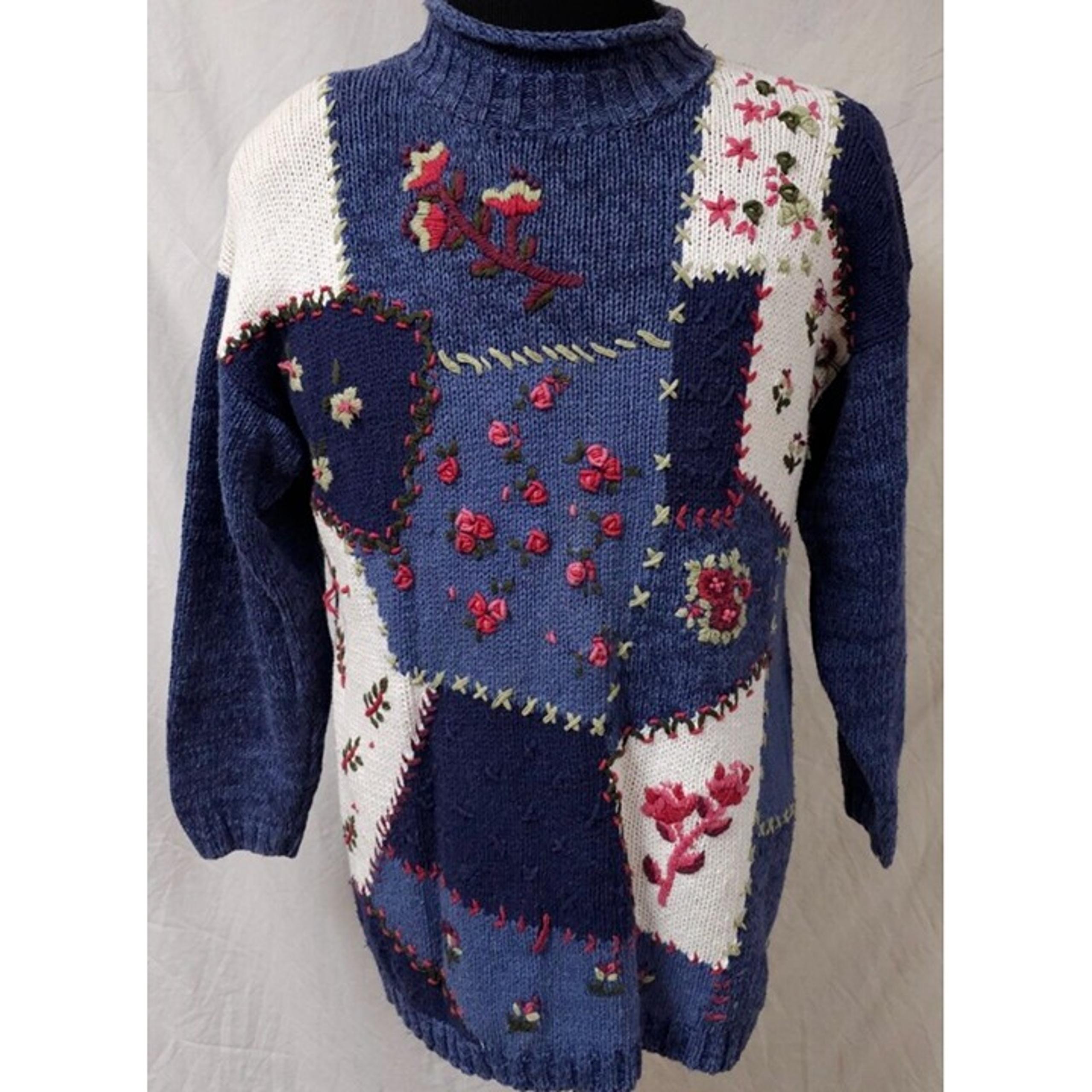 White Stag Large Multicolor Colorblock Floral Heavyweight Mock Neck Sweater