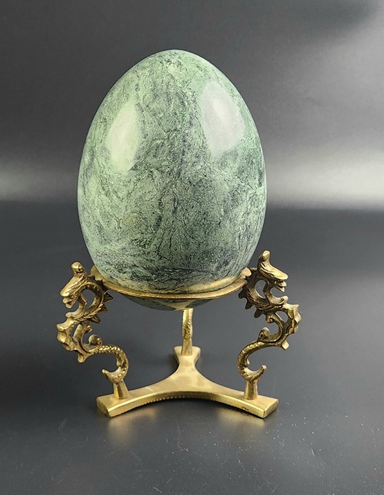 Vintage Large Granite Egg - Brass Tripod Stand - Made in Korea