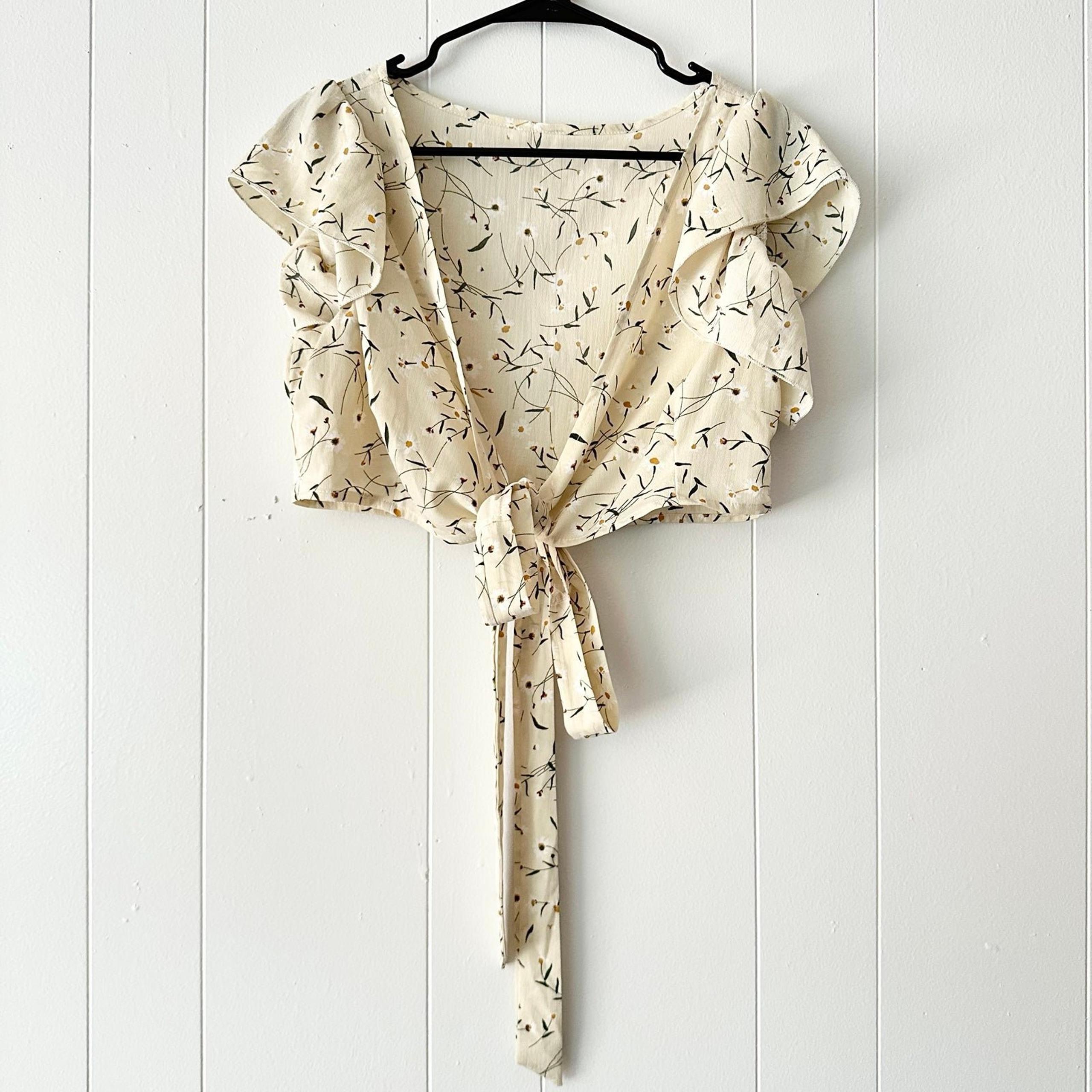Shein light yellow/ beige floral front tie top, xsmall-medium