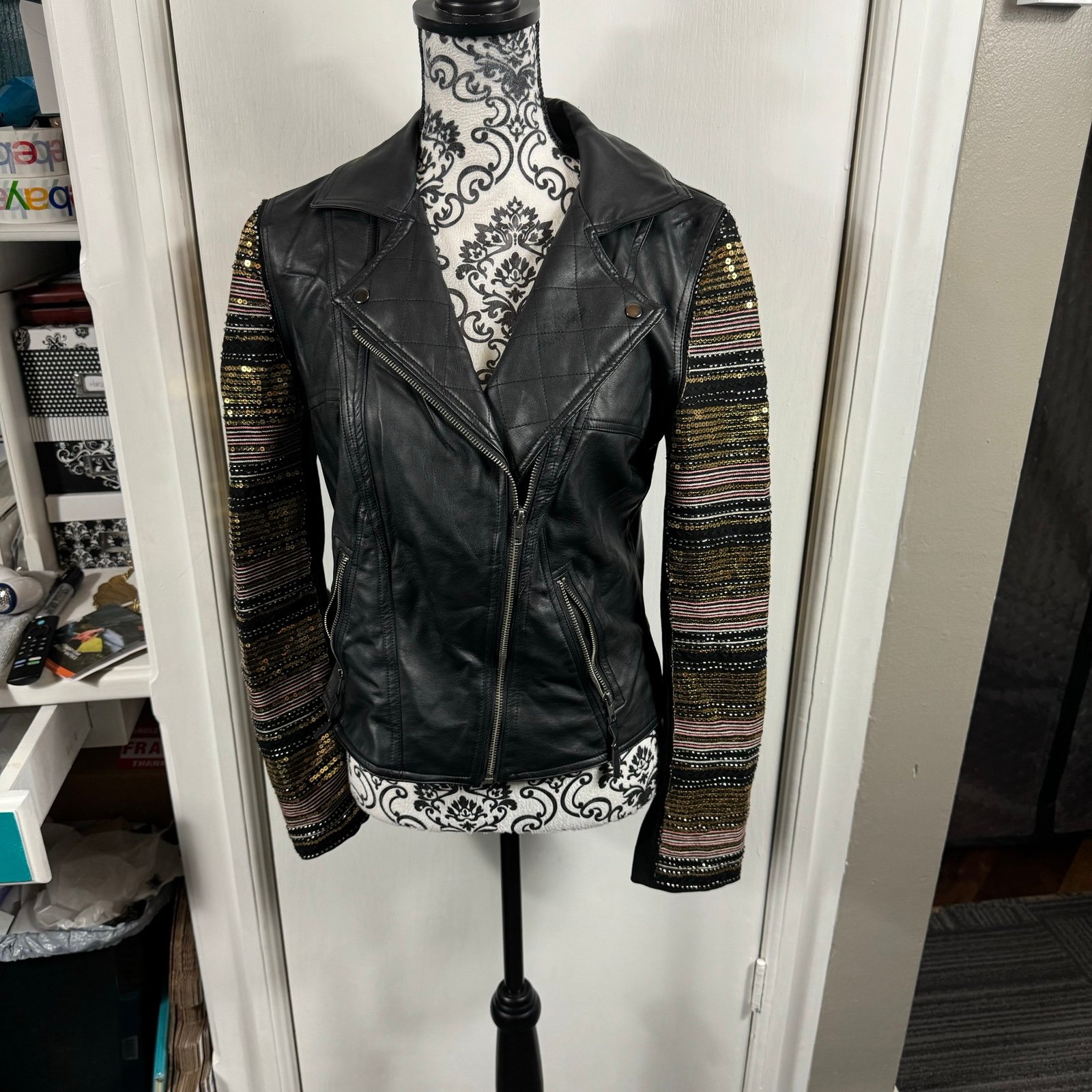 Xoxo faux leather moto jacket with bead/sequin embellishments sz M