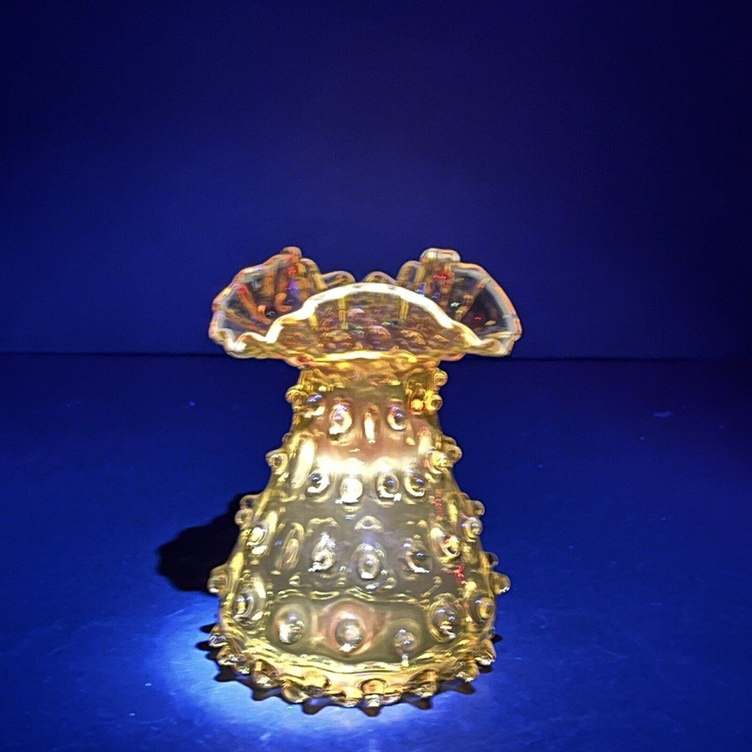 Vintage Empoli Italy Uranium Cadmium GlowGlass Vase Topaz Yellow Hobnail Rare EX