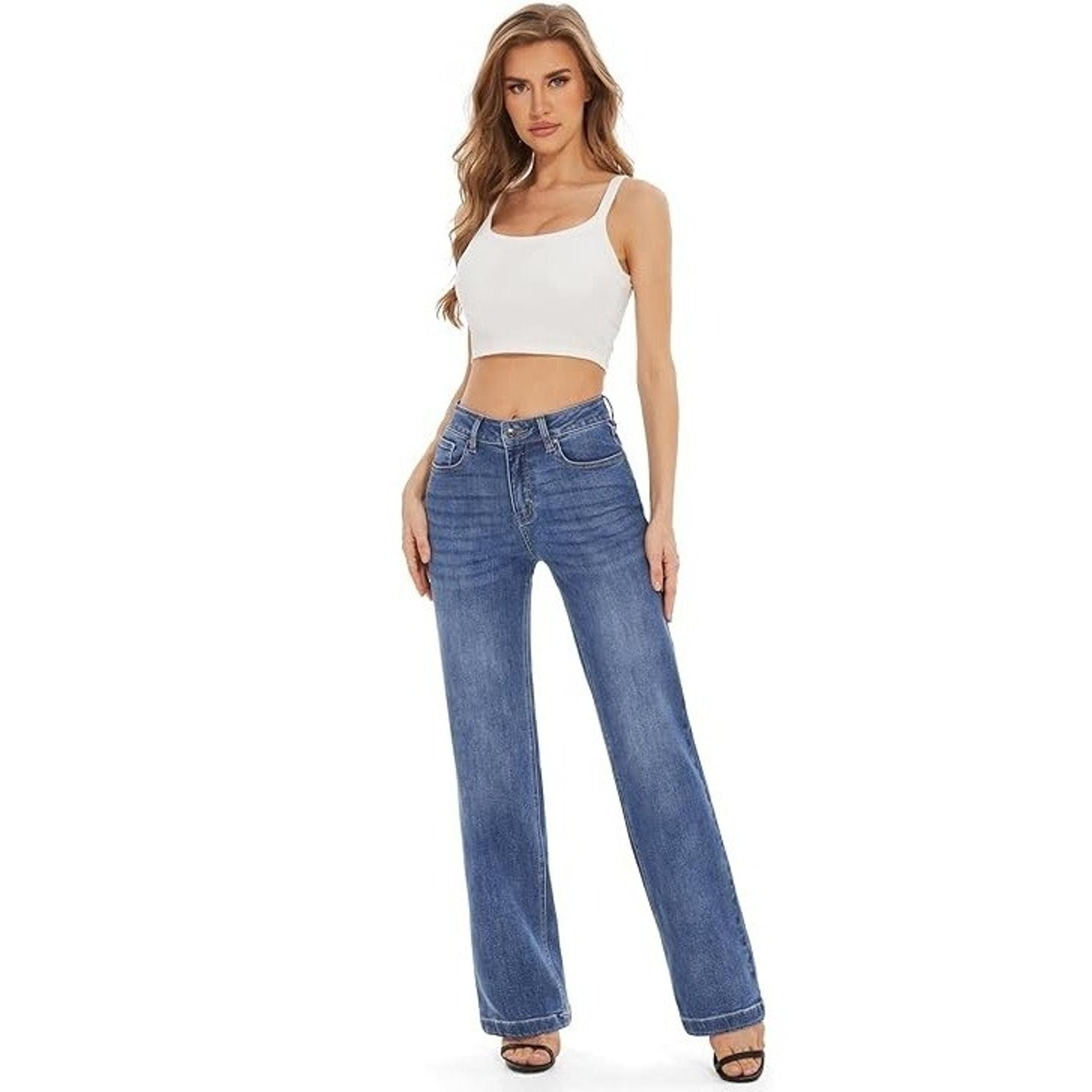Flamingals Women's High Waisted Wide Leg Baggy Stretch Denim Jeans L