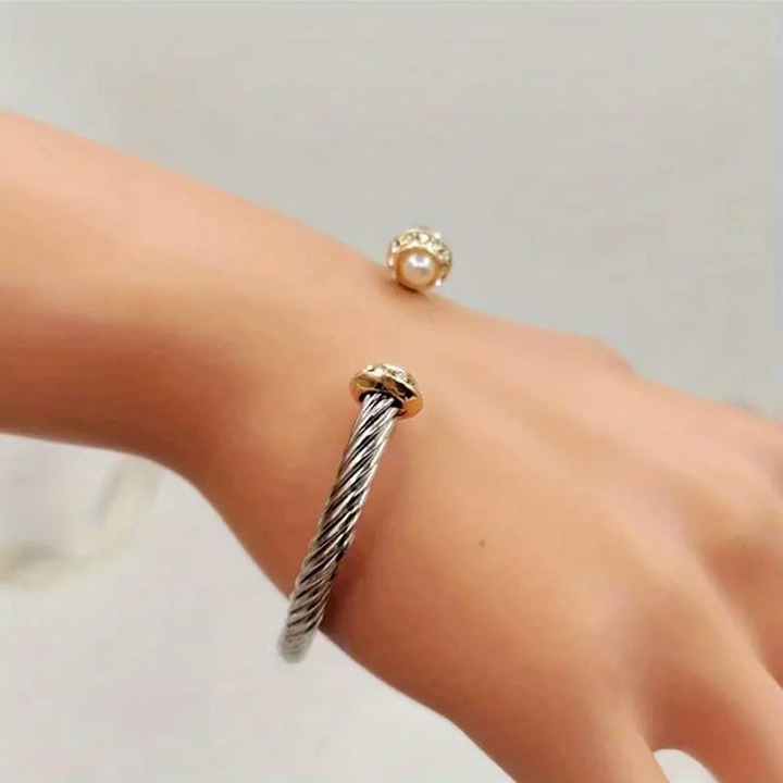 Bracelet Silver Cuff With Peal And Rhinestones