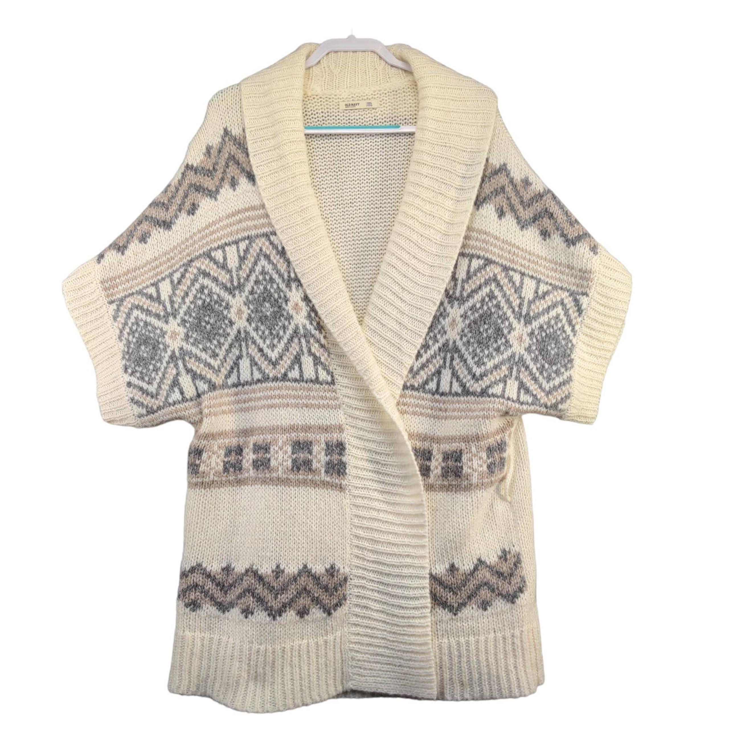 Old Navy Women's Open Front Cardigan Knit Sweater Cream XXL Fair Isle Wool Blend
