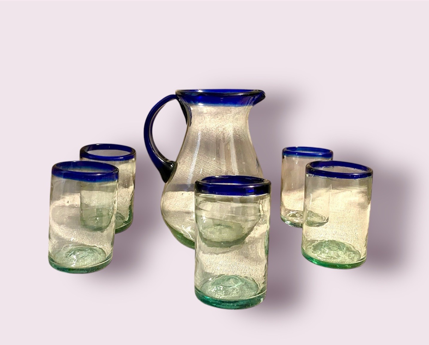 Vintage Cobalt Blue Rim 120 oz Pitcher and 5 Drinking Glasses set