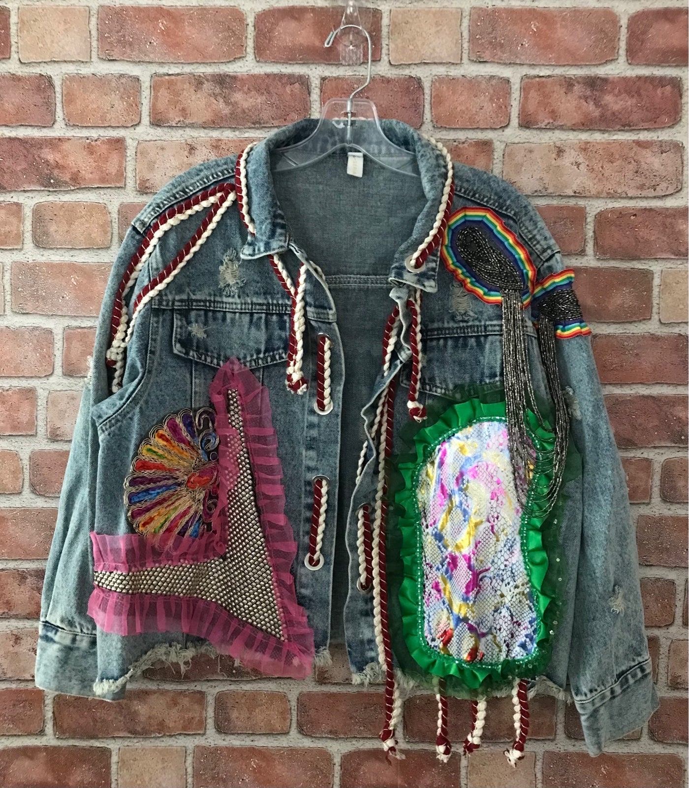 Souk + Sephia Designer Punk Graffiti Style Distressed Medium Wash Denim Jacket-L