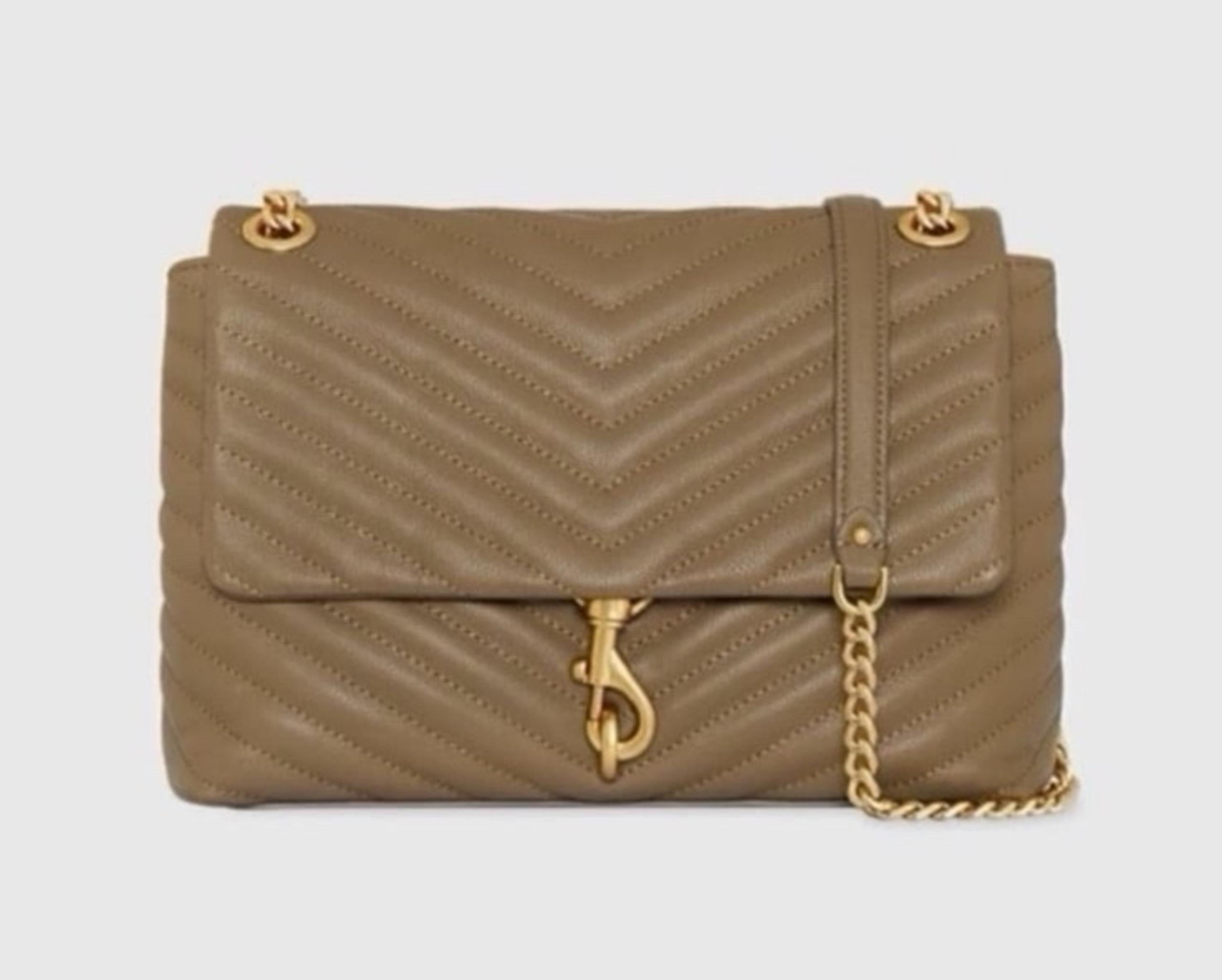 Rebecca Minkoff Edie Flap Shoulder Bag, crafted in quilted leather, latte color.
