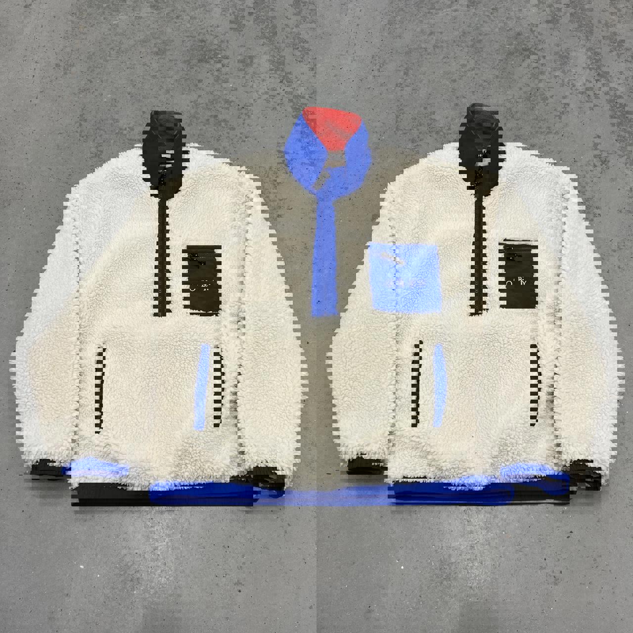 vintage obey beige deep pile fleece quarter zip jacket