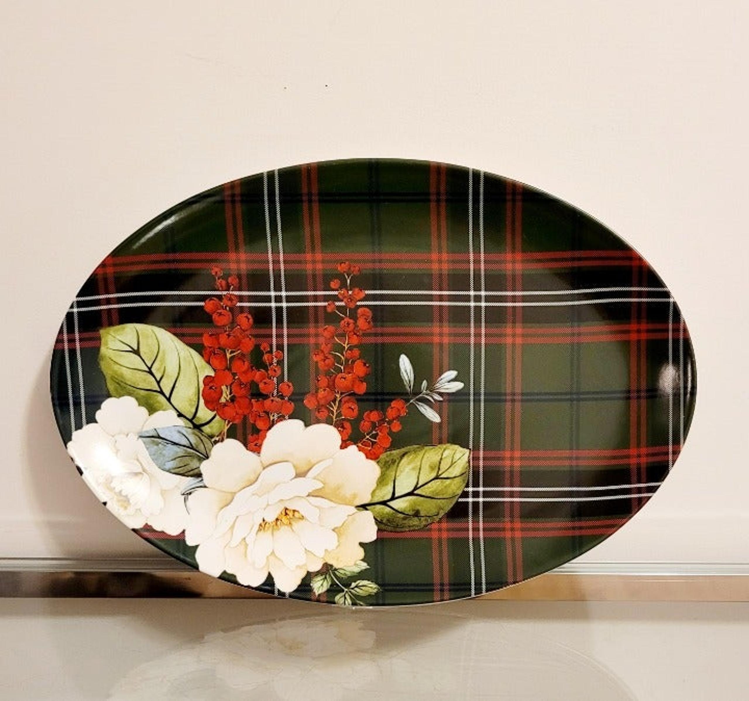 Williams Sonoma Green Tartan Peony Plaid Oval Serving Platter