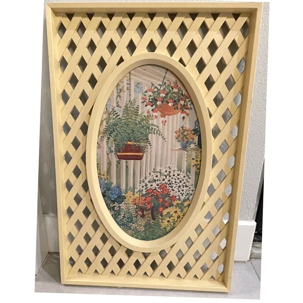 Vintage Lattice Framed Boho Decor Plants Flower Wall Art Picture MCM 70s RARE