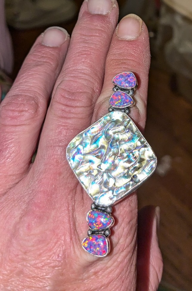 Sterling Silver Stamped adjustable Ring fume fade with pink opals