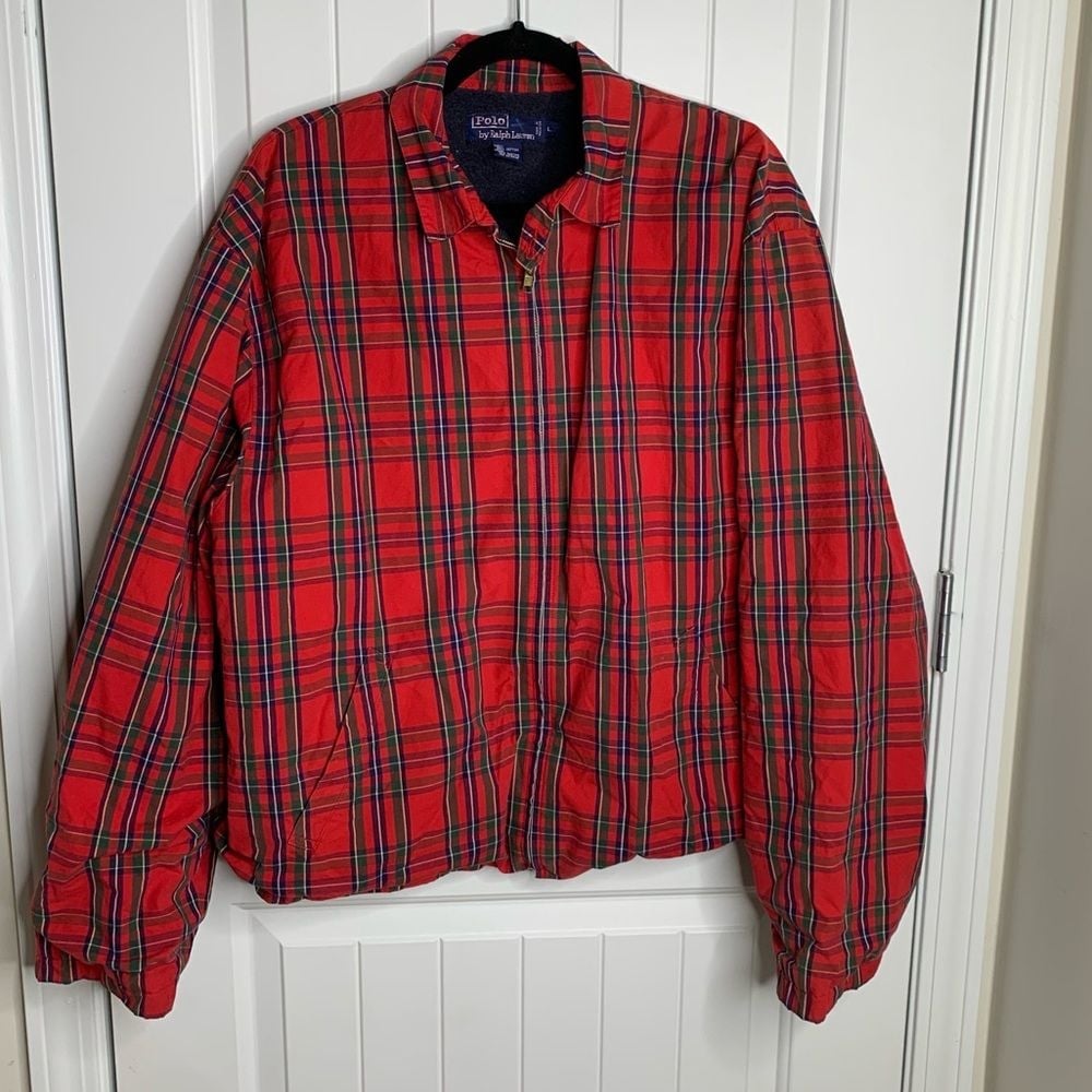 Vintage Polo Ralph Lauren red plaid fleece lined field jacket size large men's