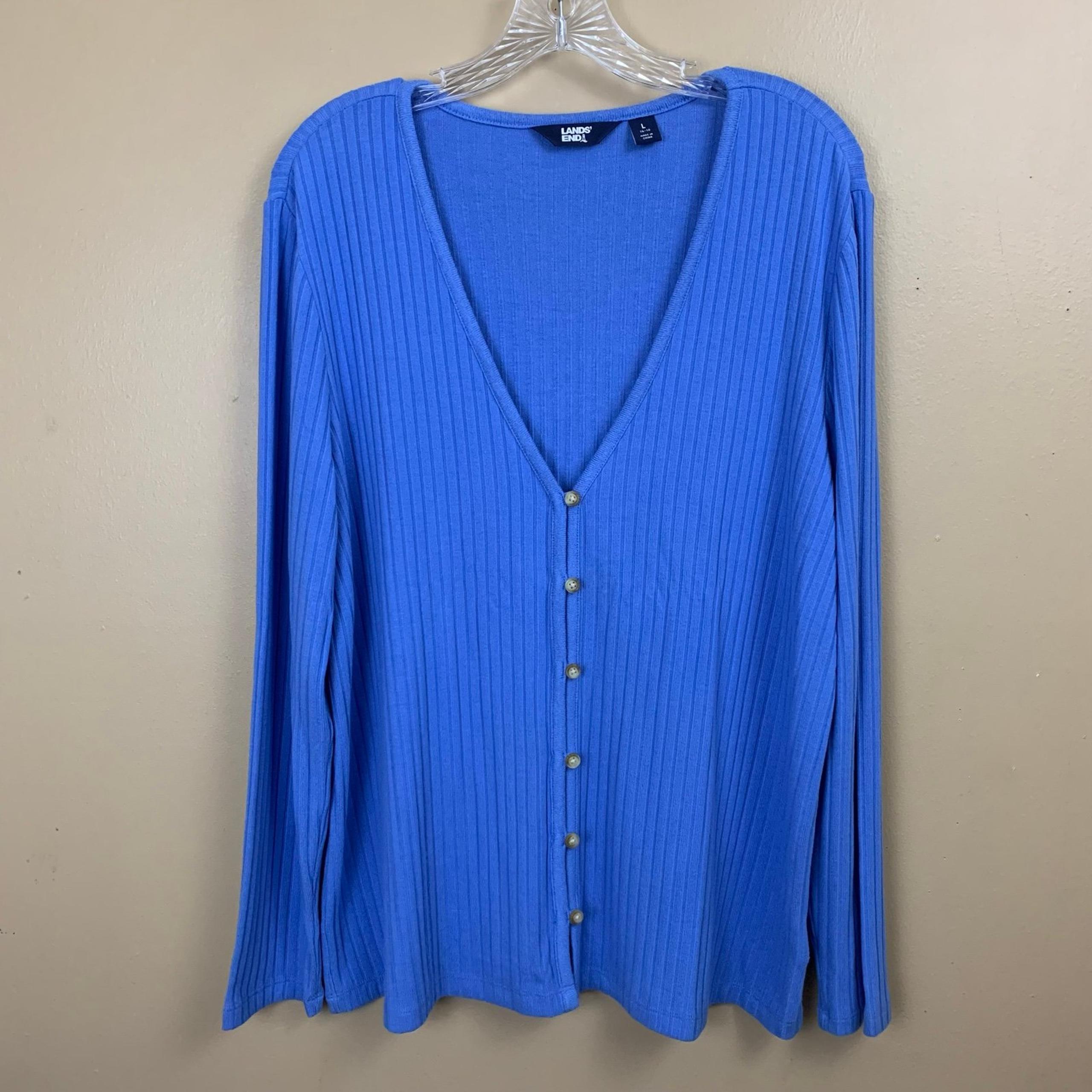 Lands End Cardigan Womens Large Blue Ribbed Button Up Lightweight Stretch Knit